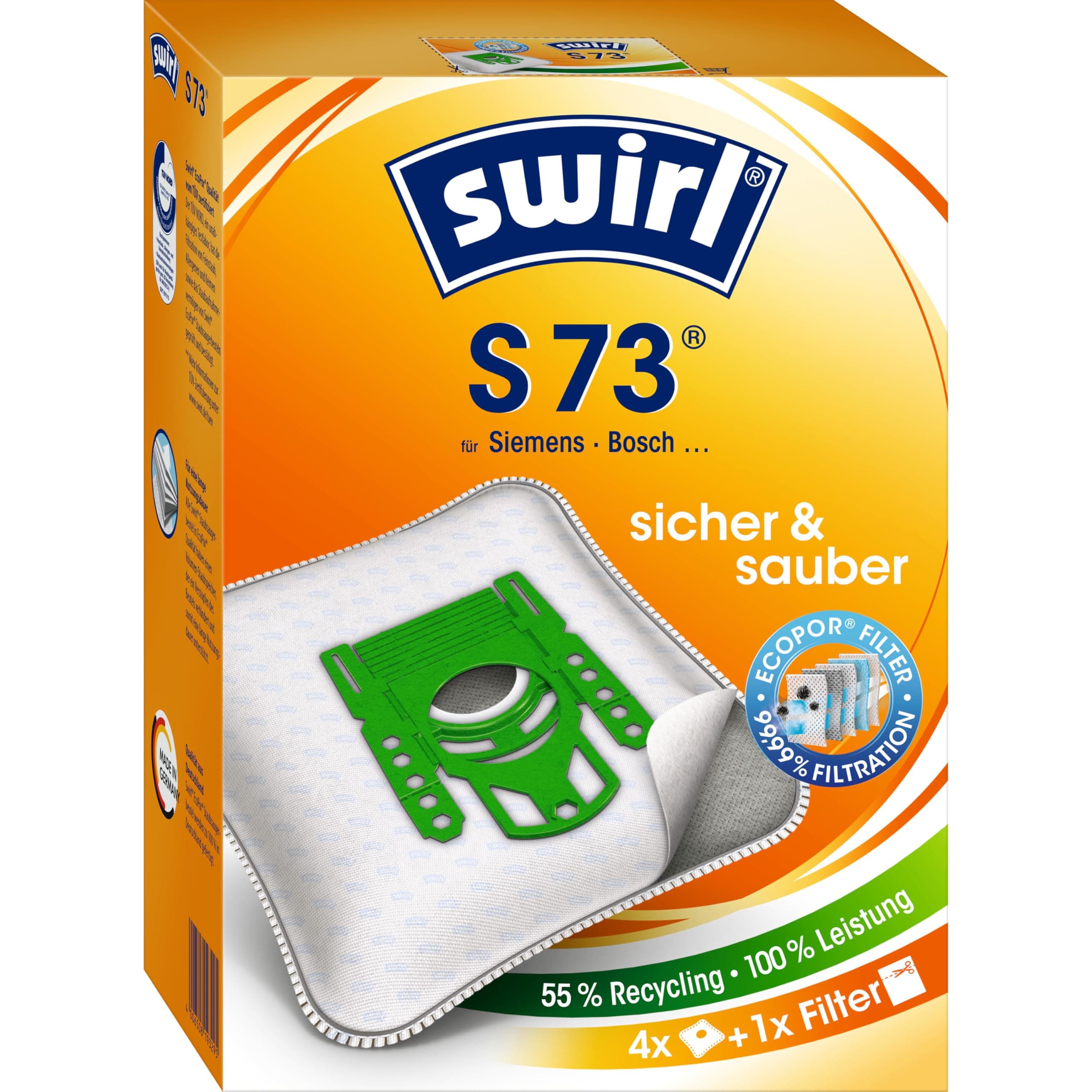 Swirl S 73 EcoPor Staubsaugerbeutel (4 Beutel), reißfeste Staubbeutel für einige Siemens & Bosch Staubsauger, 99,9% Filterung von Hausstaub & allergenem Feinstaub, Grün Angebot bei HelloDeals