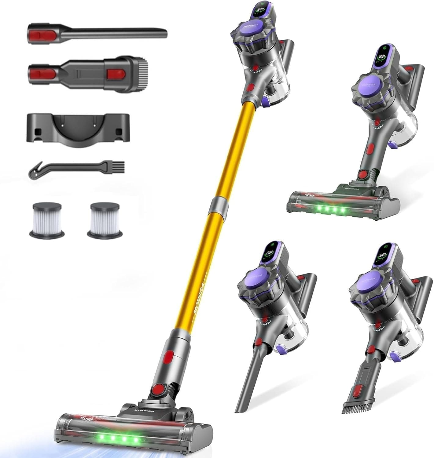 MONSGA Akku Staubsauger,45000Pa/50Mins Staubsauger Kabellos mit Display/Anti-Tangle-Bürste,Selbststehend,Wandladestation,8-Schicht-Filtration,Bürstenloser Motor,für Hartböden Teppiche Tierhaare Auto Angebot bei HelloDeals