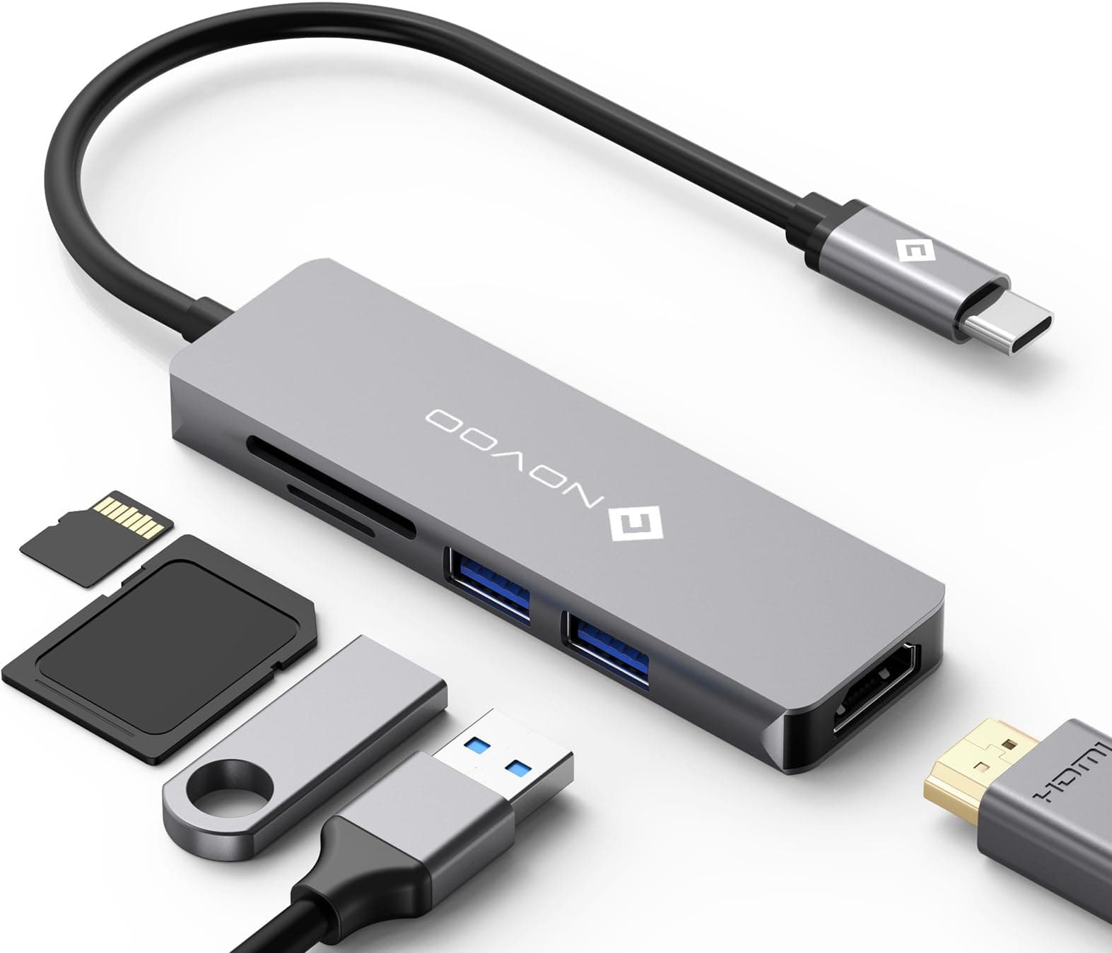 NOVOO USB C Hub HDMI 4K USB C Adapter MacBook Pro Air Adapter mit 4K HDMI,2 x USB 3.0 Anschlüsse,SD/TF Kartenleser Aluminium Hub USB C kompatibel für MacBook,Surface,Laptop und andere Typ C Geräten 5 in 1 Angebot bei HelloDeals