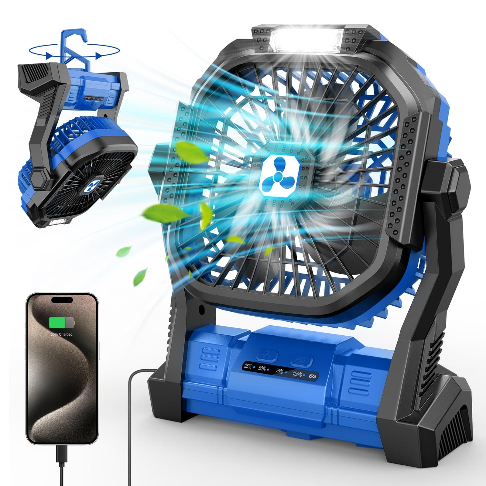 Batteriebetriebener Ventilator 20000mAh Kabellos, Wiederaufladbarer Tragbarer Ventilator mit LED-Laterne, Tischventilator, USB-C-Akku Campingventilator für Reisen, Strand, Blau Angebot bei HelloDeals