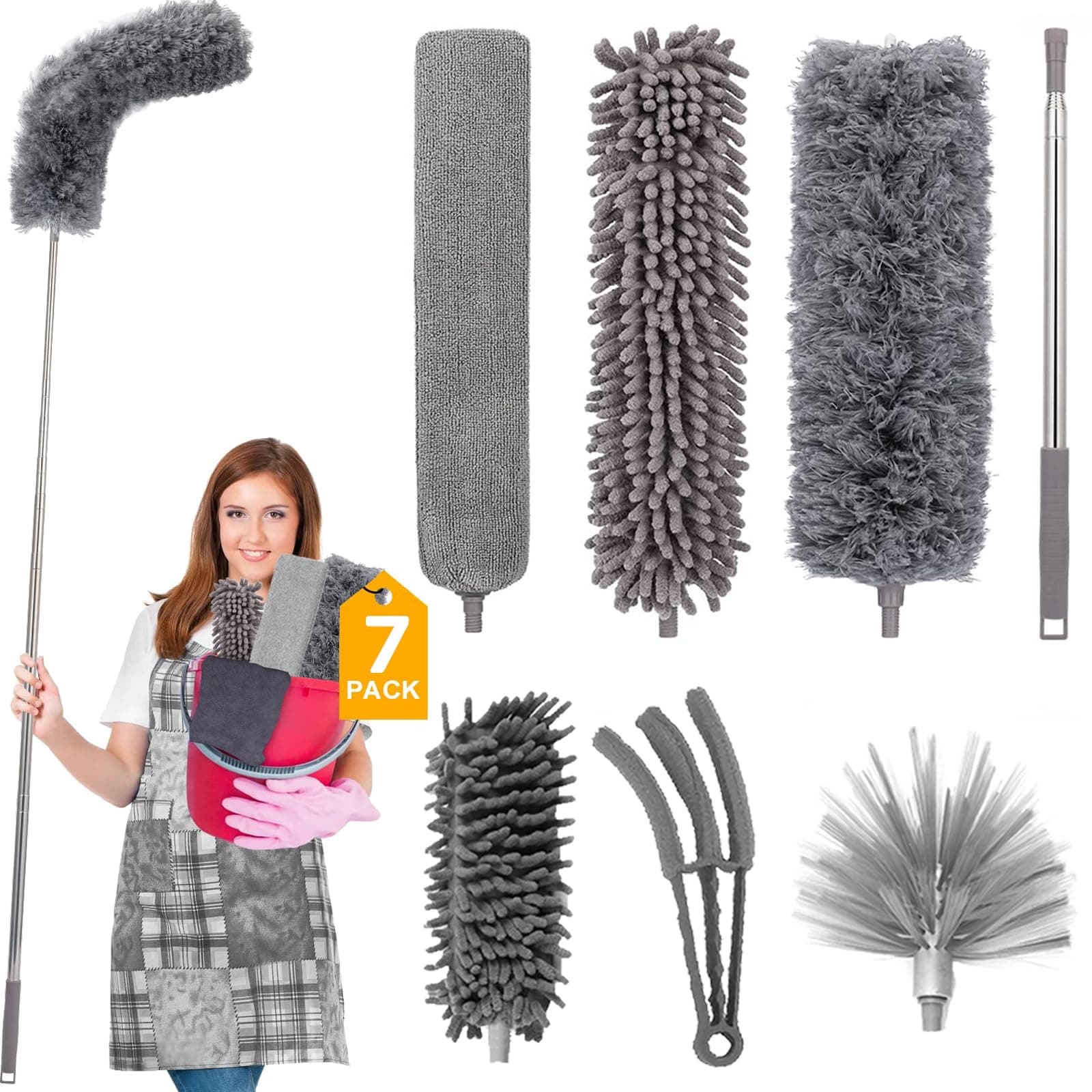 Staubwedel Teleskop Lang Ausziehbar, Staubwischer Waschbar Spinnwebenbesen mit Teleskopstiel, Spinnenwebenentferner Staubwedel mit Teleskopstange Ausziehbar auf 2.6m für Spinnenweben 7Pcs Grau Angebot bei HelloDeals