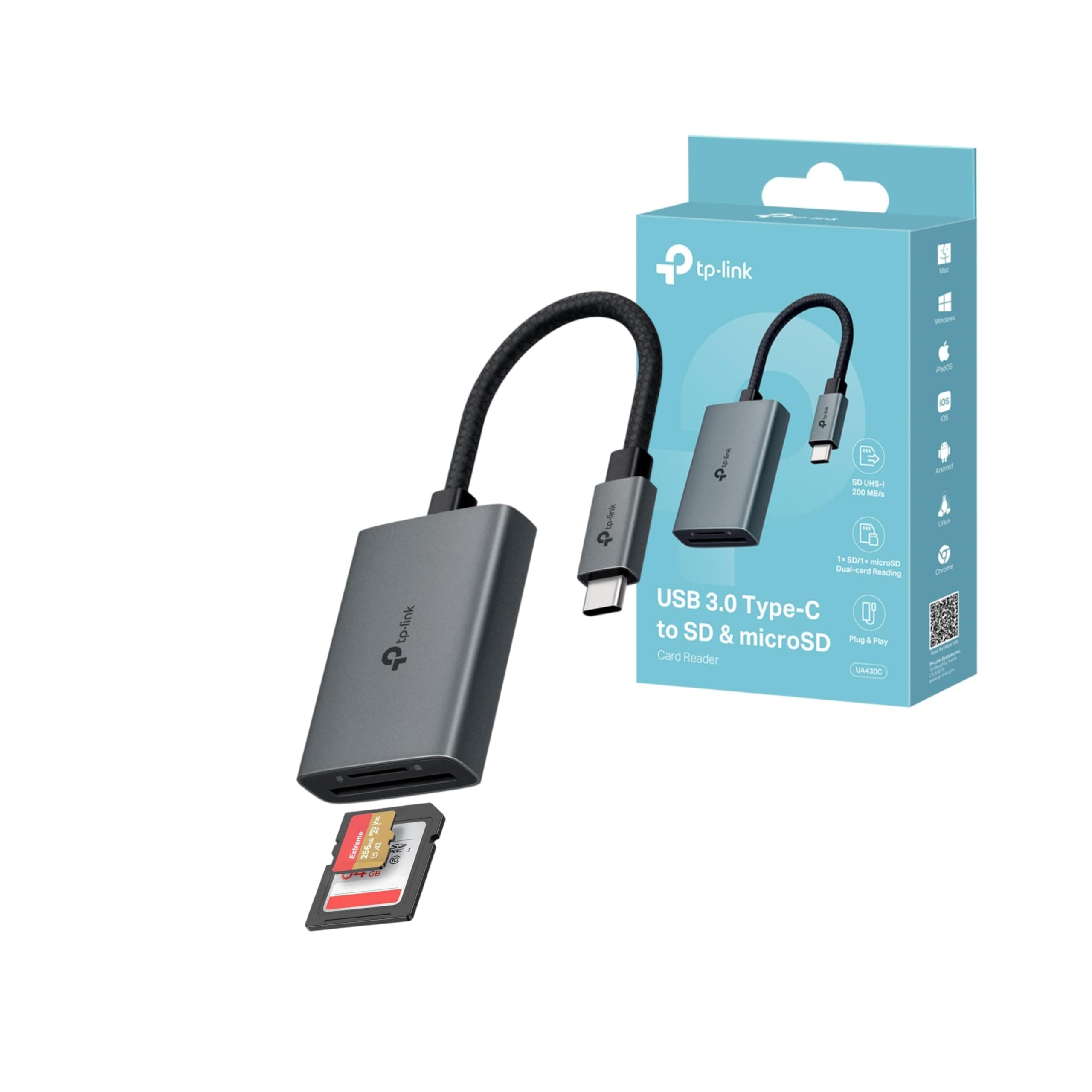 TP-Link UA430C SD Kartenleser USB C, kartenlesegerät auf SD und microSD bis zu 2 TB, USB 3.0, Gleichzeitiges Lesen und Schreiben von Zwei Karten, mit Mac, Windows, iPadOS, iOS, Android USB-C CardReader Angebot bei HelloDeals