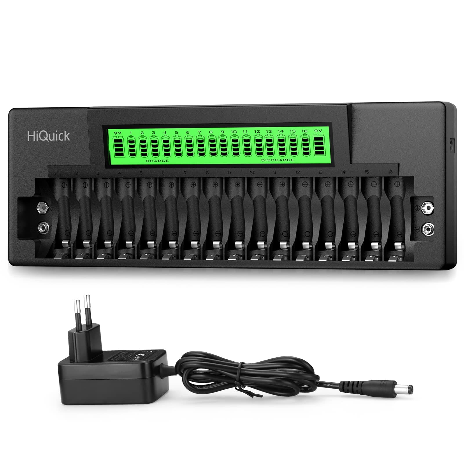HiQuick Akku Ladegerät, AA AAA 9V Ladegerät für Mignon AA, Micro AAA NI-MH wiederaufladbar Batterien, 18-Ladeplatz mit LED Anzeige und AC-NetzKabel Angebot bei HelloDeals