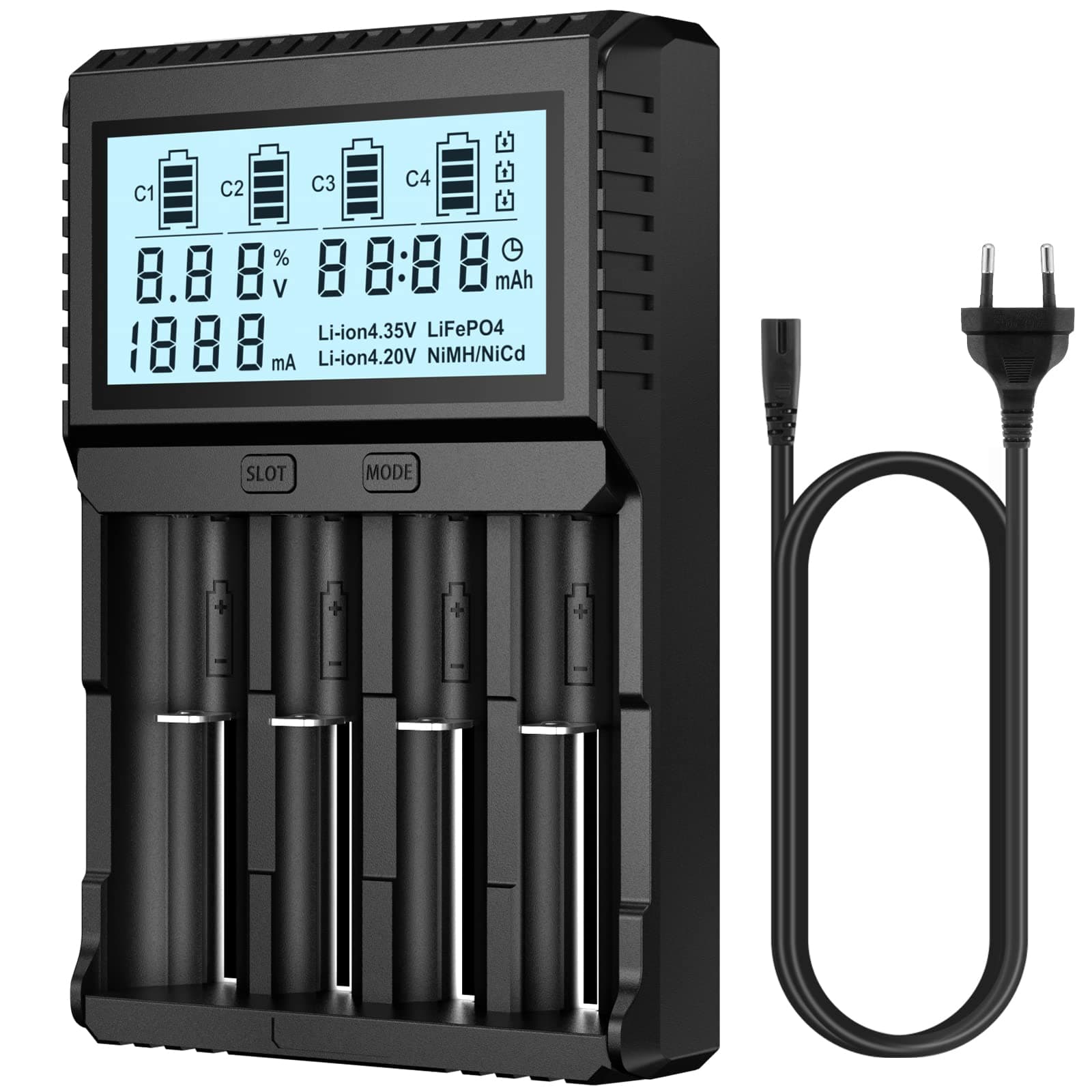 POWXS Universal Batterie Ladegerät, 18650 Akku Ladegerät mit Testfunktionen, LCD-Display Batterien Ladegerät für Li-Ion Lithium IMR NI-MH NI-Cd AA AAA C 26650 21700 18650 16340 14500 10440 RCR123 4 Slot Angebot bei HelloDeals