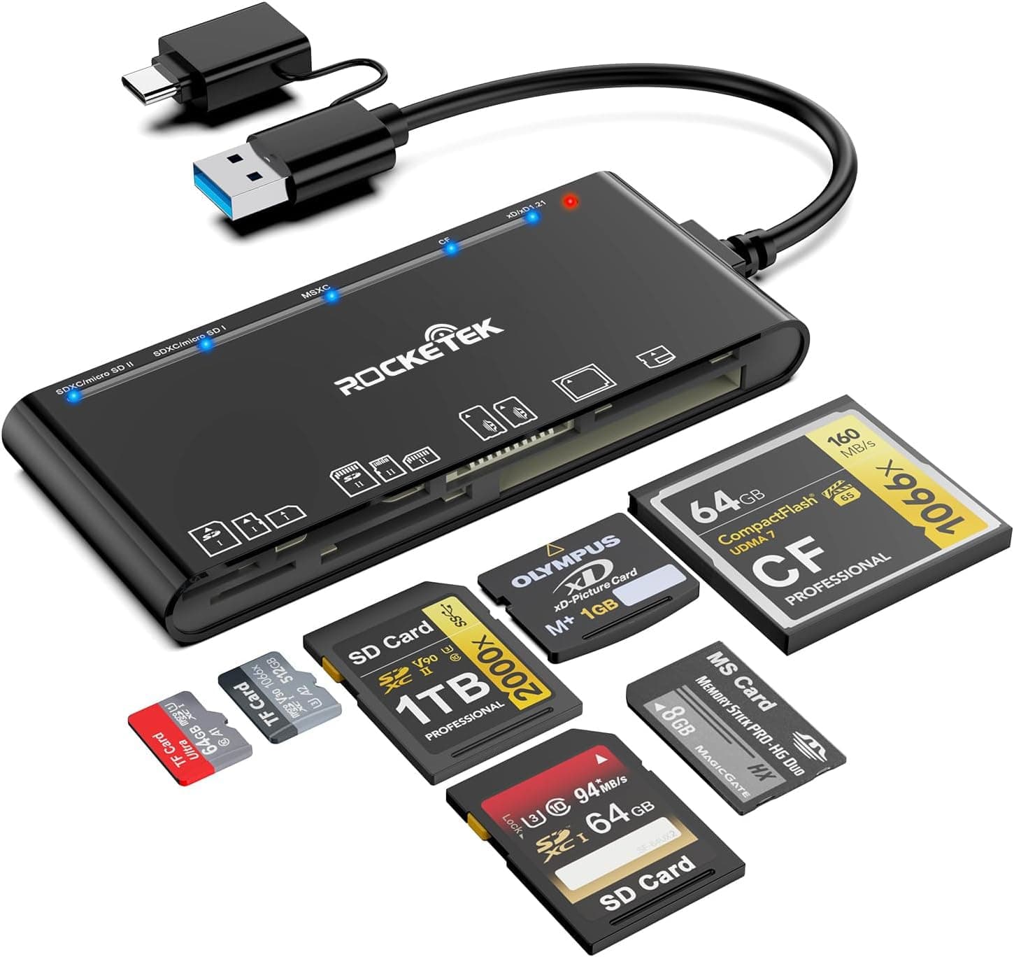 Rocketek SD Kartenleser mit USB C Adapter Upgraded 7 IN 1 Speicherkarten lesegerät 5Gbps Lesen Schreiben für SD SDXC SDHC CF CFI TF XD Micro SD MS MMC UHS-I Karten für Windows Linux Mac OS Android usb c reader Angebot bei HelloDeals