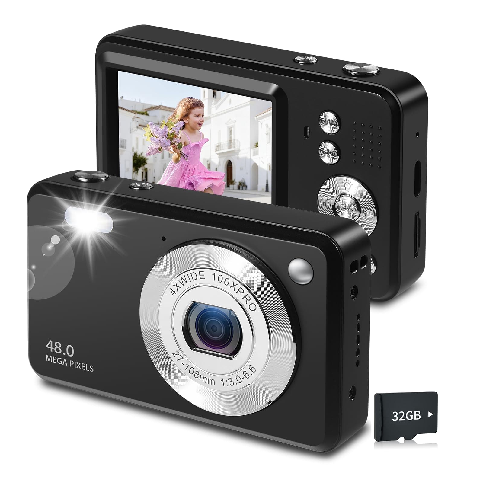 Digitalkamera 48MP 1080P FHD Kinderkamera mit 8X Digitalzoom Fotoapparat Tragbare Kompaktkamera mit 32GB Speicherkarte-Karte für Kinder Teenager Anfänger Geschenk Schwarz Angebot bei HelloDeals