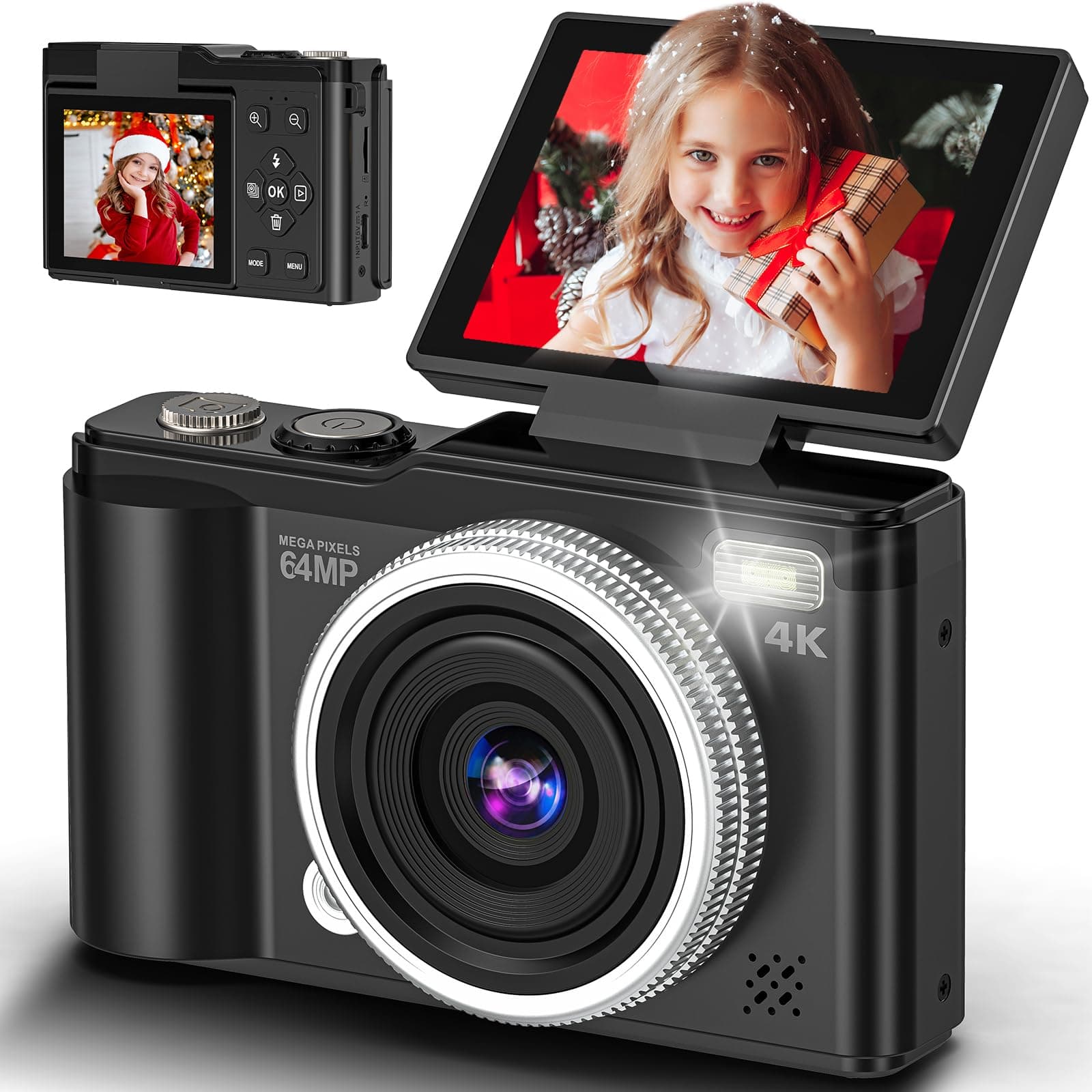 4K 64MP Digitalkamera mit 32 GB TF-Karte, 180° Drehbildschirm Autofokus Kamera Fotoapparat mit Makrofunktion und 16-fachem Digitalzoom Kompaktkamera mit USB-Kabel für Teenager Junge Mädchen 8-16 Jahre Full-Size Schwarz Angebot bei HelloDeals