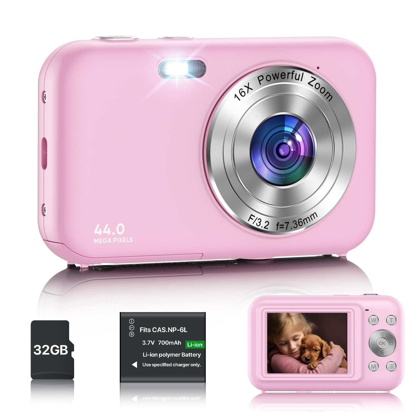 Digitalkamera, Kamera Fotokamera mit 32GB Karte, 44MP 1080P HD Kinderkamera mit 16X Digitalzoom Kompaktkamera, Wiederaufladbare Fotoapparat mit Akku, Kamera für Kinder, Teenager, Anfänger (Rosa) Angebot bei HelloDeals