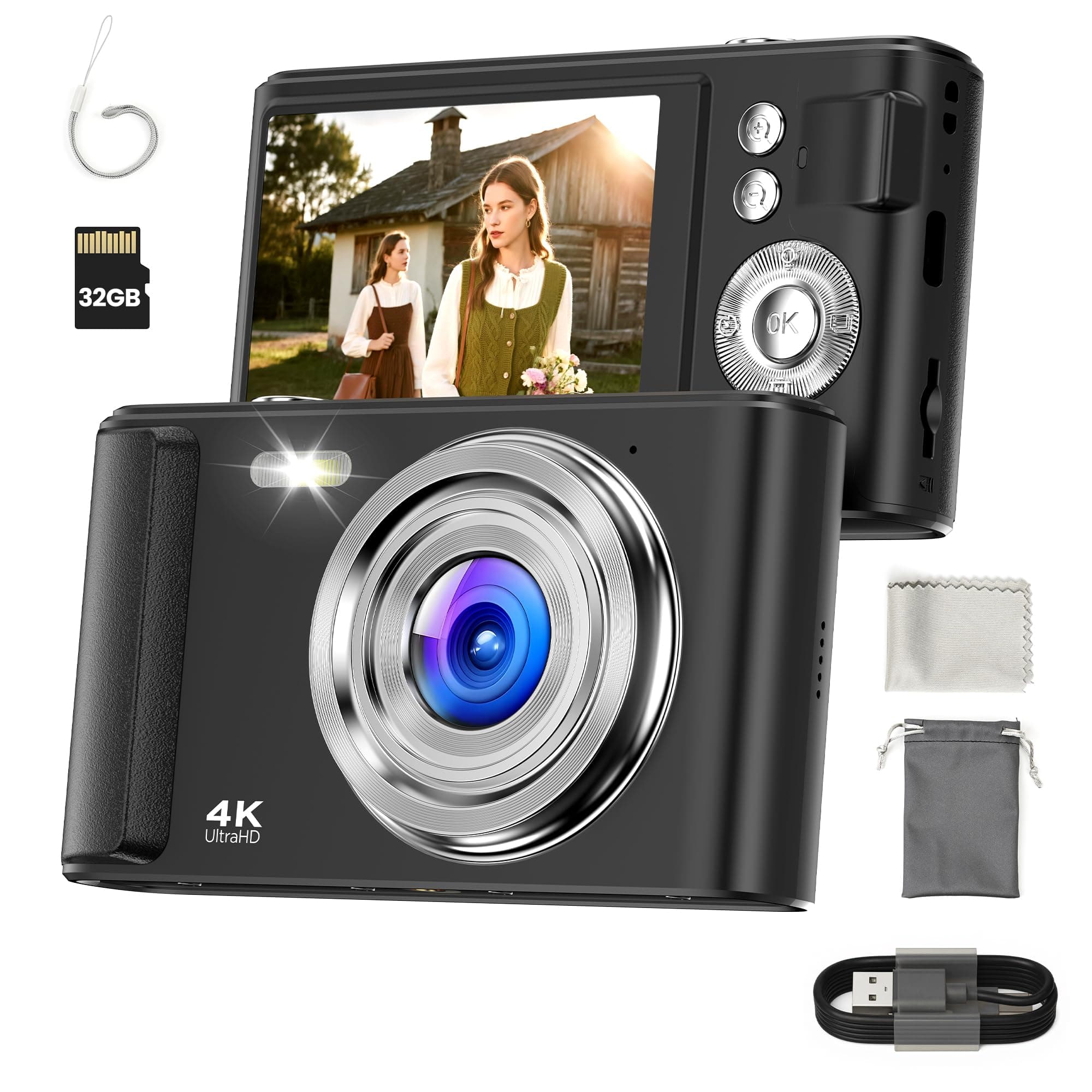Digitalkamera 4K 48MP - Digital Kamera mit 16X Digitalzoom für Kinder - Autofokus Kompaktkamera Mini- Fotoapparat mit 32GB Karte - Fotokamera mit 1000mAh Akku - Digital Camera Schwarz für Teenager black Angebot bei HelloDeals