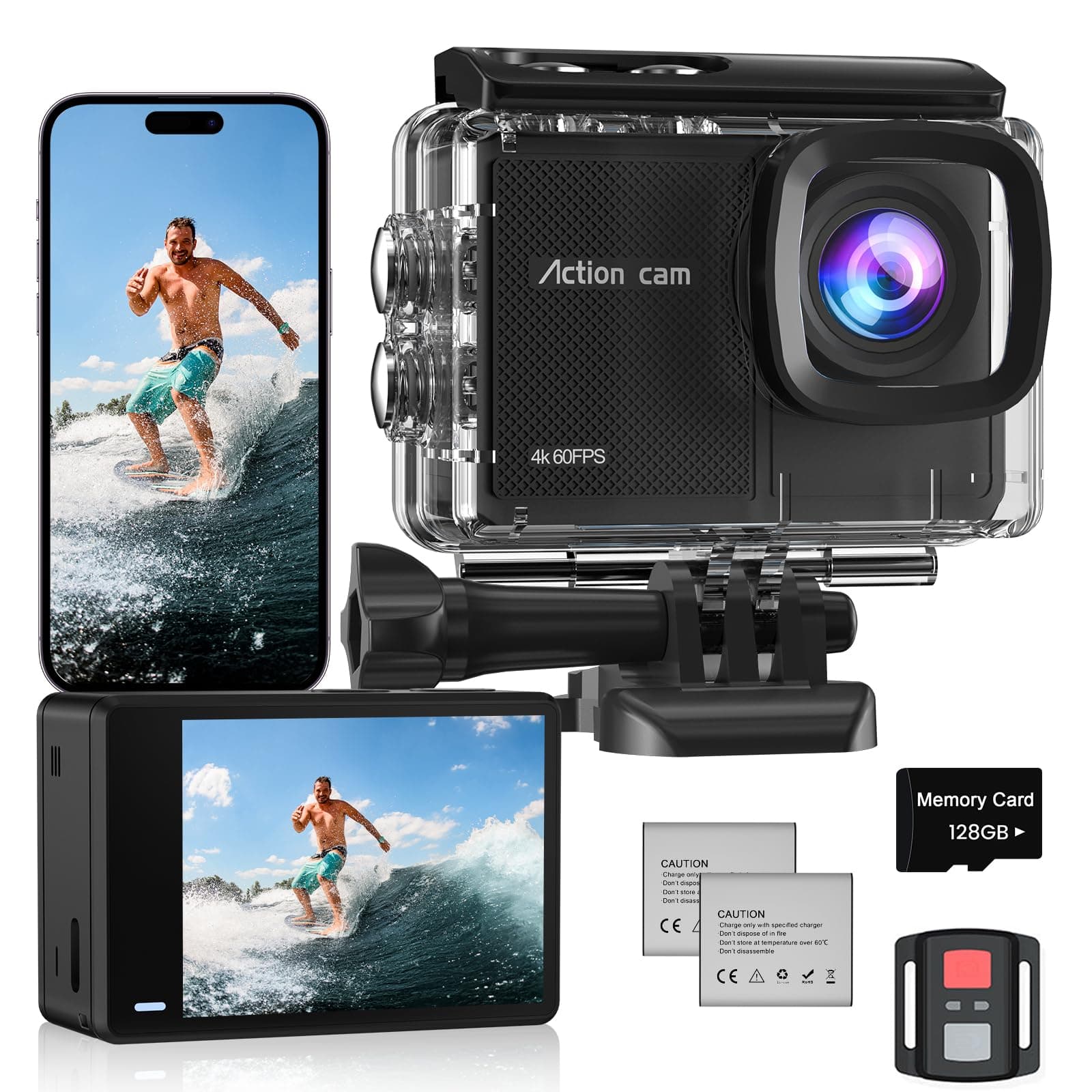 Action Cam Wasserdicht 4K60FPS mit 128GB Karte,131FT Unterwasserkamera 8X Zoom,WiFi Helmkamera 48MP, Stabilisierte Actionkameras mit Fernbedienung,2 * 1350 Batterien CAM-A16 128G Angebot bei HelloDeals
