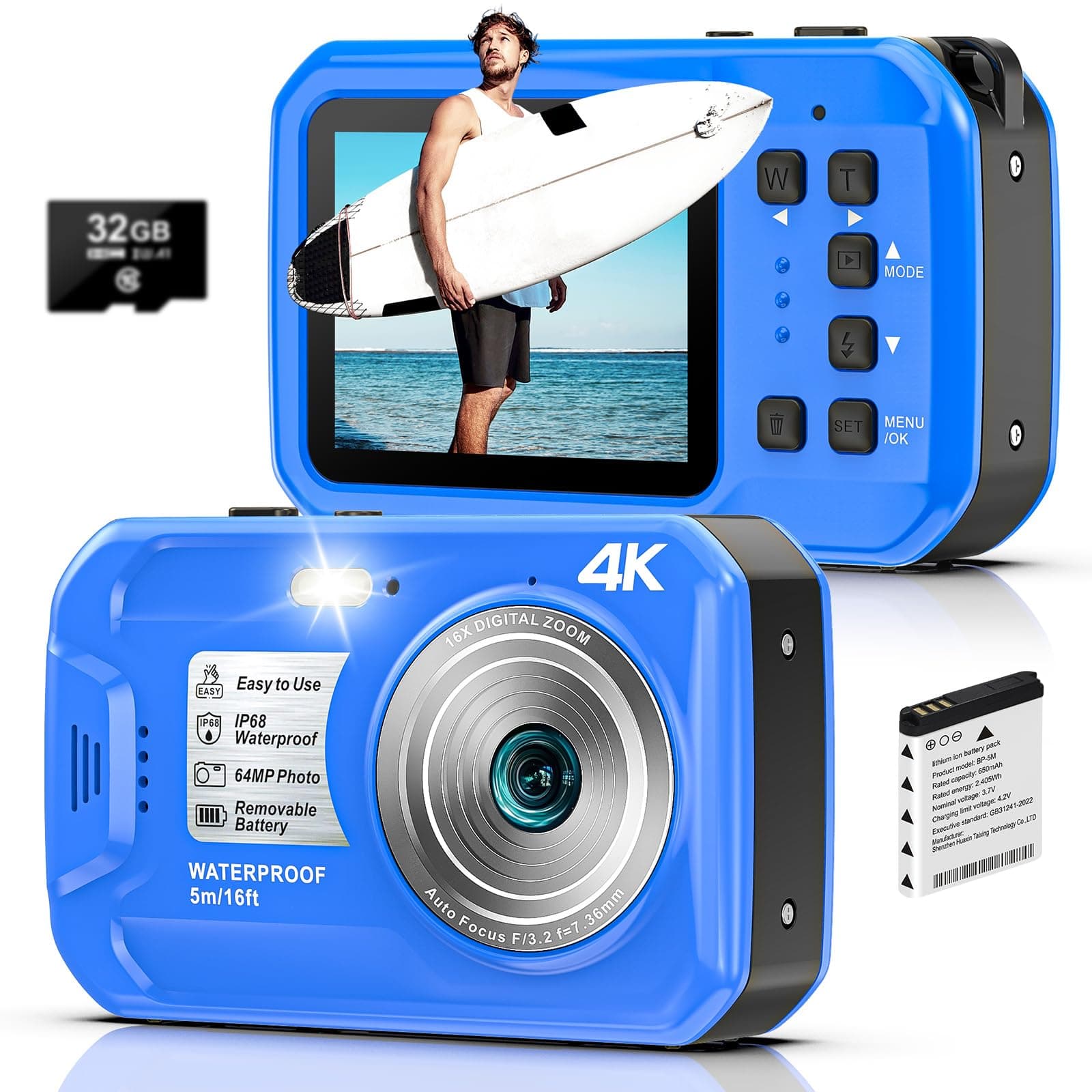 Unterwasserkamera 4K UHD, 64MP Autofocus Digitalkamera wasserdichte mit 32GB Karte, IP68 & 16FT Unterwasserkamera mit IPS HD Bildschirme, 16X schwimmfähig Digitalzoom, Aufhelllicht, zum Schnorcheln UP014BU Angebot bei HelloDeals
