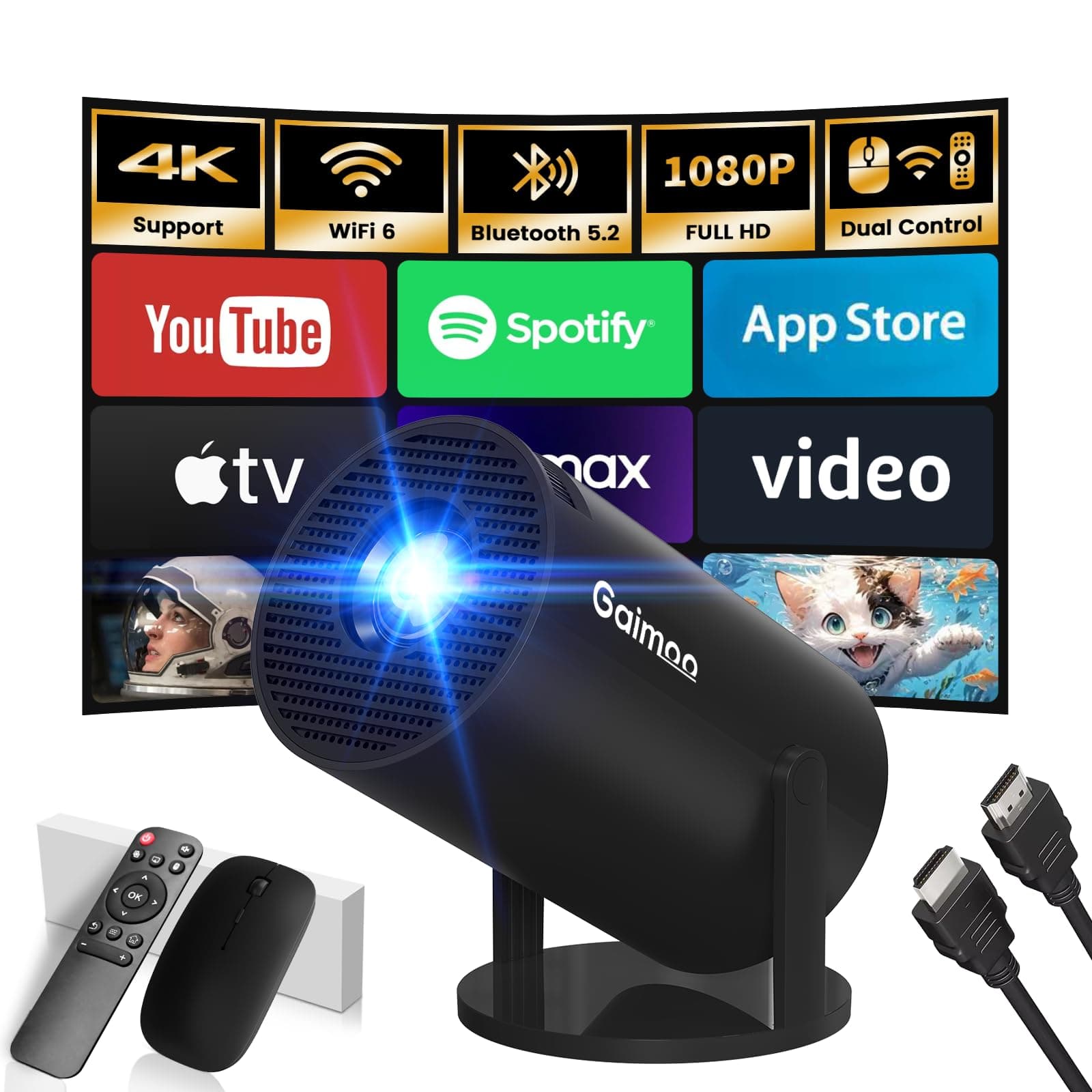 Mini Beamer, 4K FHD 1080P Tragbarer Projektor, Klein Videoprojektor Unterstützt 2.4/5G Dual WiFi und Bluetooth 5.0, mit Android und IOS 11.0 Heimkino Smart Beamer Doppelsteuerung mit Maus, Schwarz Angebot bei HelloDeals