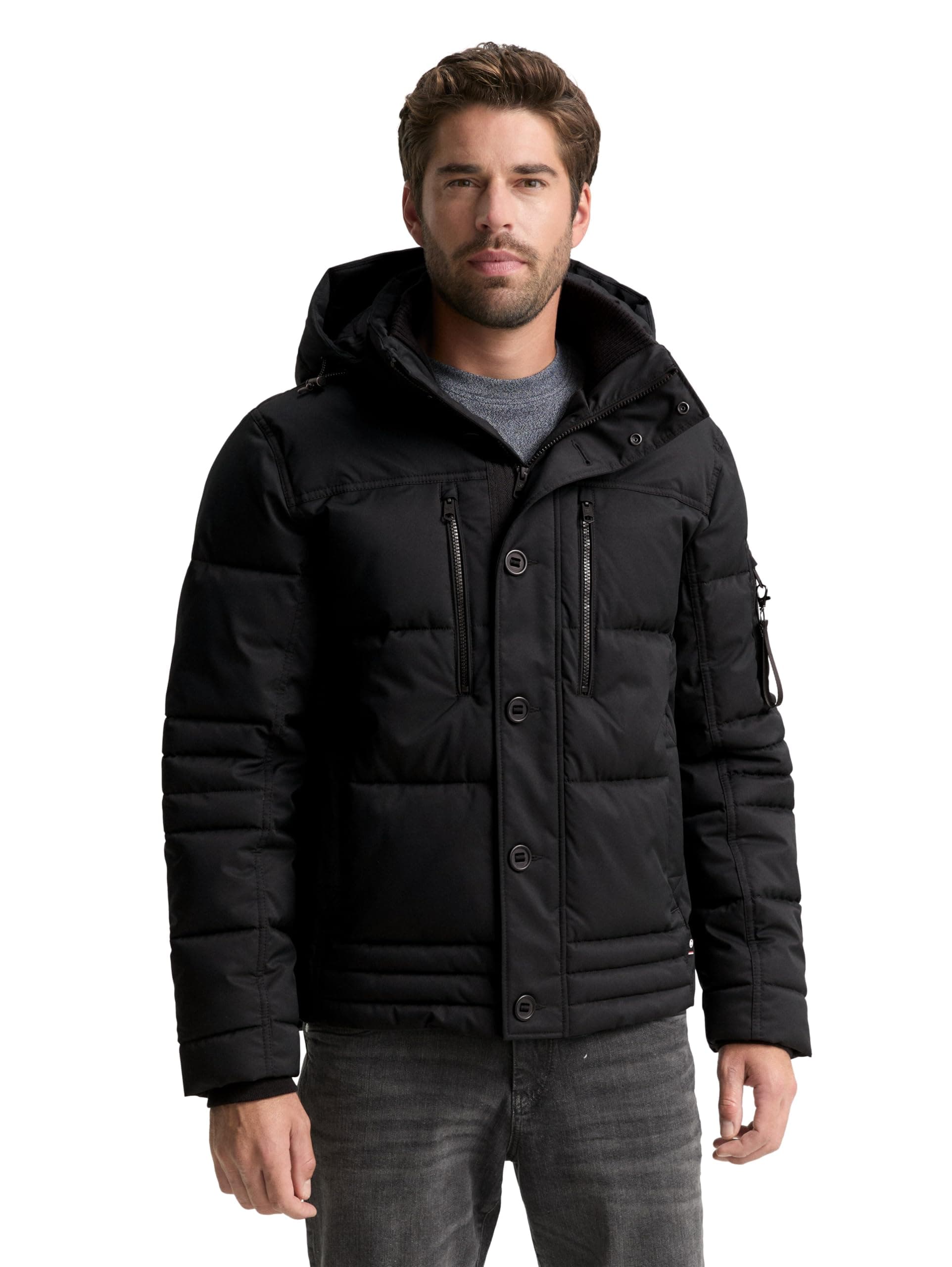 TOM TAILOR Herren Pufferjacke mit Abnehmbarer Kapuze L 29999 - Black Angebot bei HelloDeals