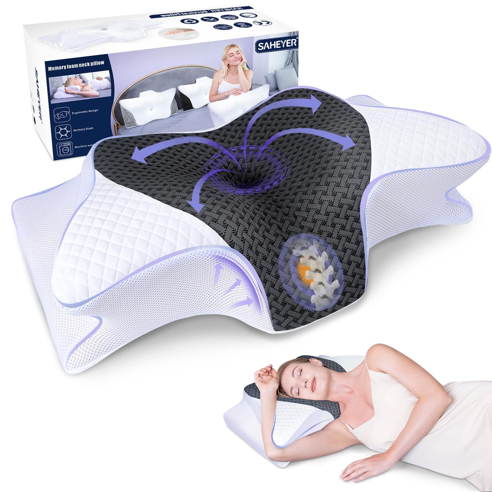 SAHEYER Nackenkissen, Memory Foam Kissen Seitenschläferkissen Ergonomisches Orthopädisches Nackenstützkissen Schlafqualität Verbessern Nackenhörnchen, 60 x 35.5 x 10/13CM Schlafkissen mit Kissenbezug Weiß+karbongrau 60 x 35,5 x 10/13CM Angebot bei HelloDeals