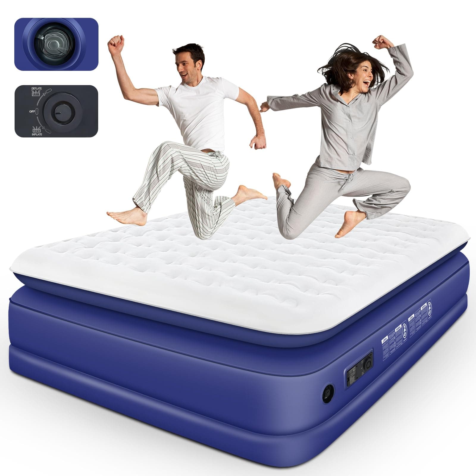 Selbstaufblasende Luftmatratze 152x203 cm für 2 Personen mit elektrischer Pumpe | Gästebett & Camping | Aufblasbares Luftbett Blau+weiß Angebot bei HelloDeals