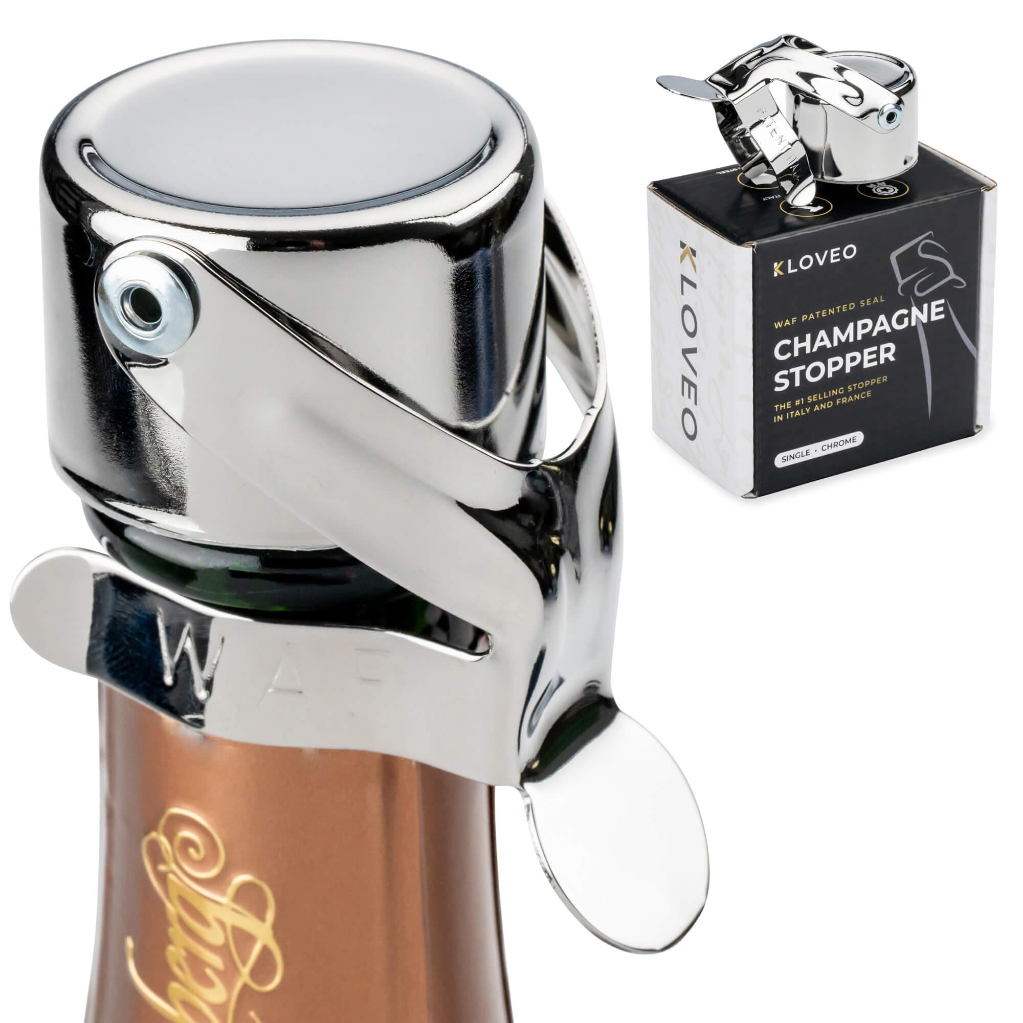 Sektverschluss Kloveo - WAF Dichtung - Italienische Herstellung Champagner Verschluss, Sektflaschenverschluss, ideal für Champagner, Prosecco, Cava und Schaumweine Flaschenverschluss Chrom 1 Angebot bei HelloDeals
