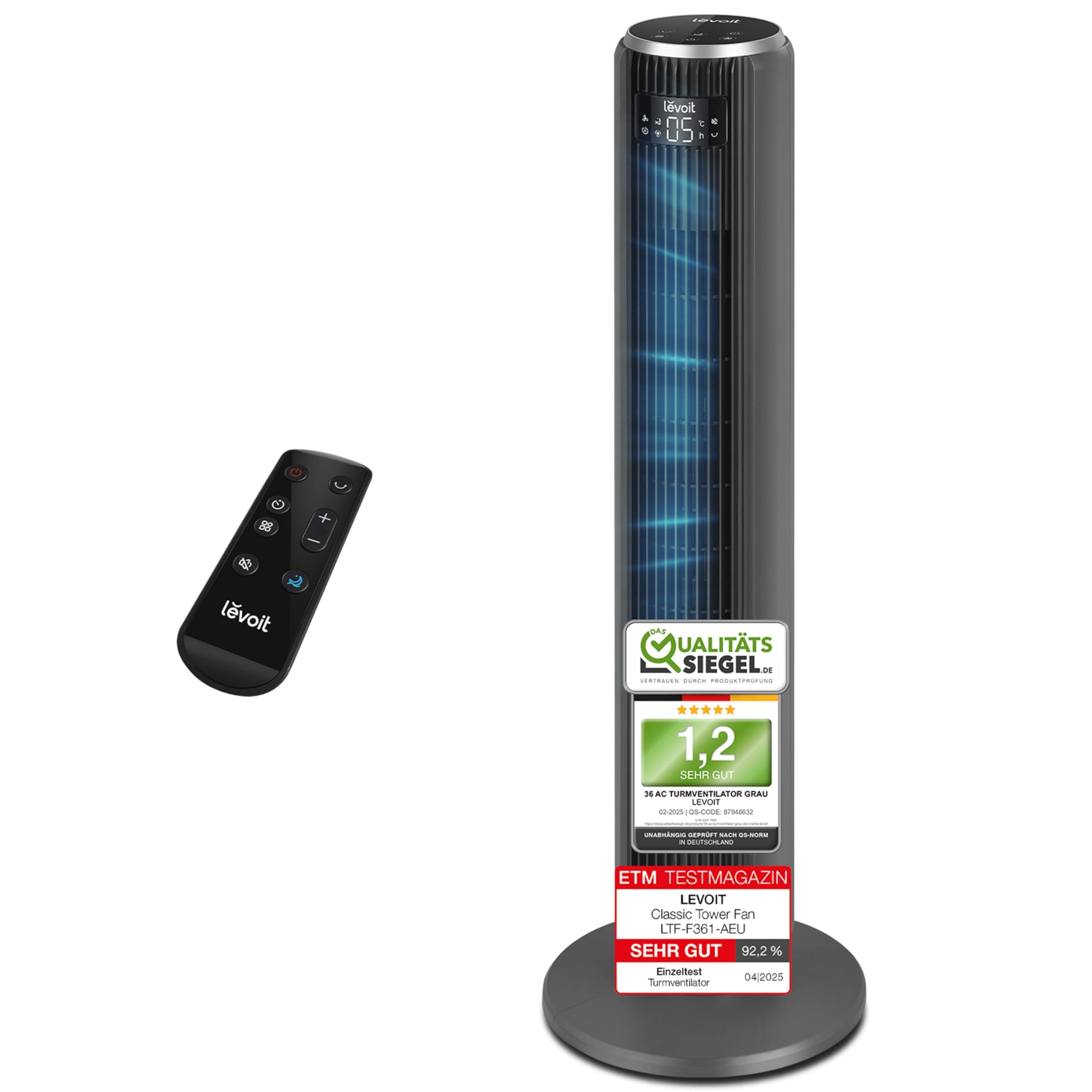 Levoit - Ventilator Leise - Turmventilator mit Kühlung - Tower Fan mit Fernbedienung - Oszillierender Säulenventilator mit Fortschrittlichem Schlafmodu - 5 Geschwindigkeiten 4 Modi 12Std Timer - Grau Angebot bei HelloDeals