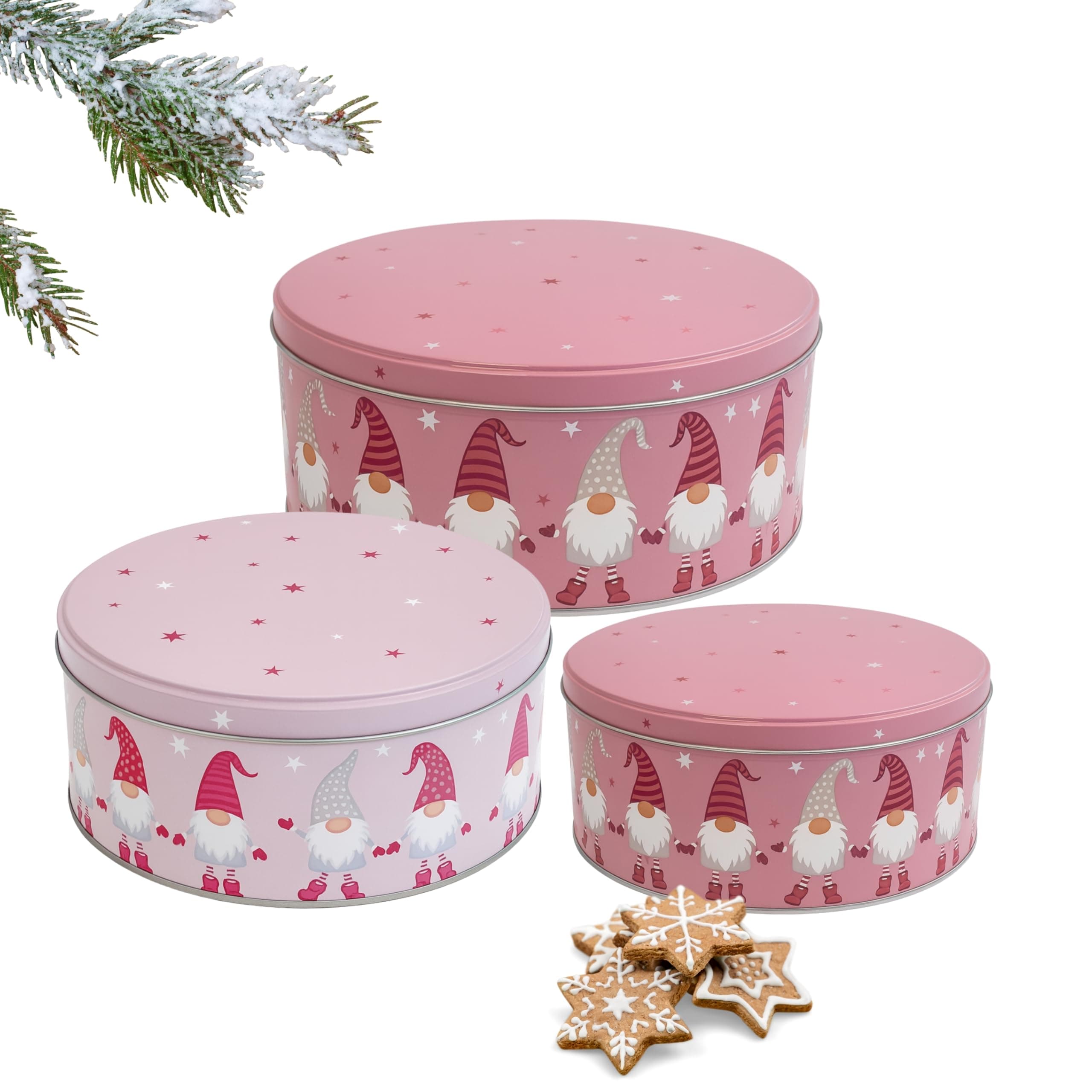 Brandsseller 3er Set Plätzchendosen aus Metall – stapelbare, runde Keksdosen mit Deckel - lebensmittelechte Aufbewahrungsdosen für Gebäck, Kekse & Weihnachtsplätzchen – Wichtel Wichtel Rosa Angebot bei HelloDeals