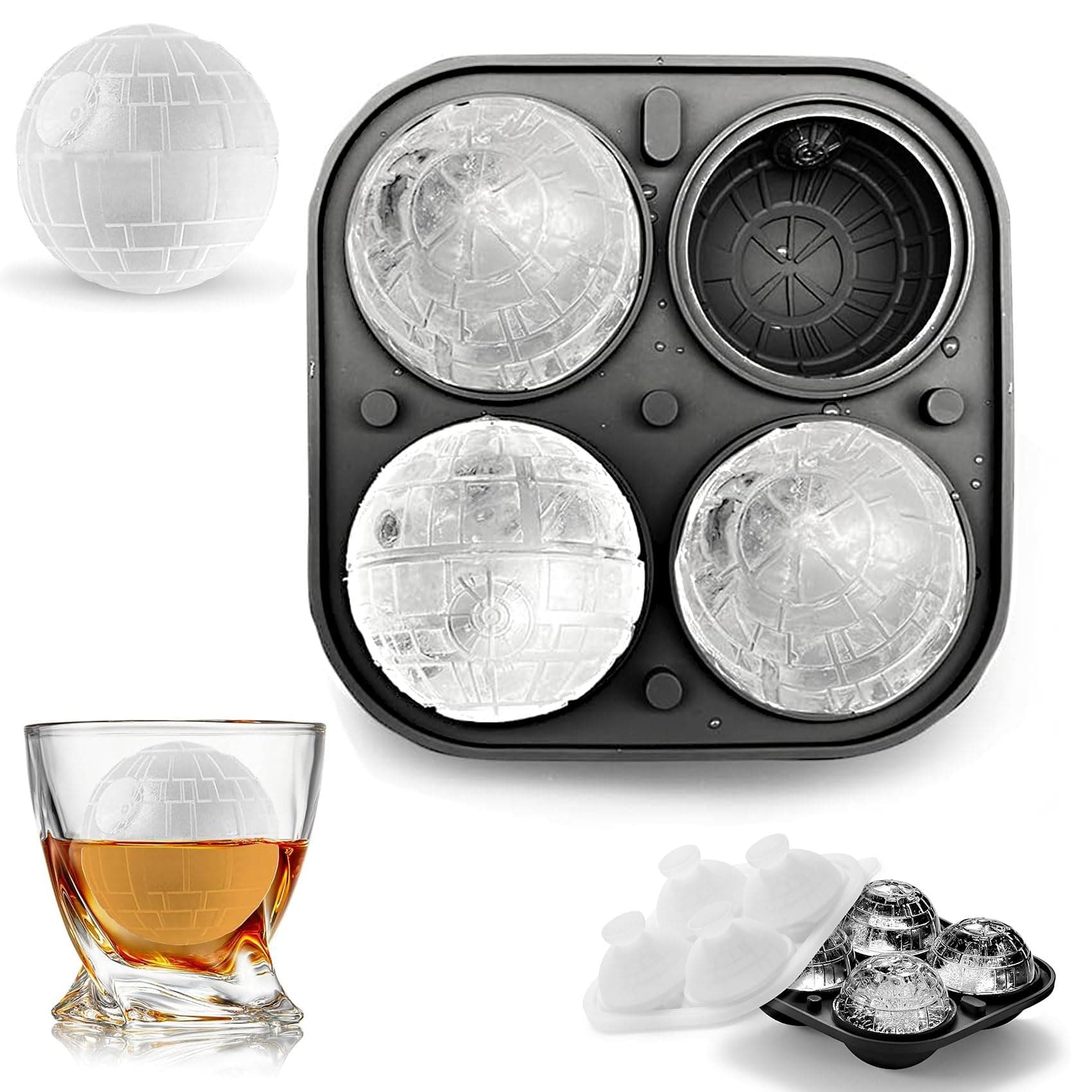 Silikon Eiswürfelform Todesstern Rund, 3D Todesstern Ball Eiswürfelformen, Wiederverwendbar Eiswürfelbehälter mit Deckel und Trichter, BPA-Frei, leicht zu lösen, für Eis, Whiskey, Cocktail, Saft Angebot bei HelloDeals