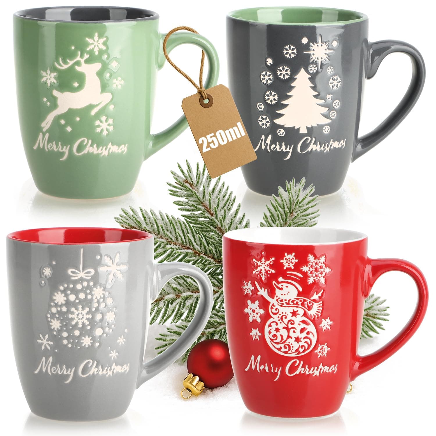 com-four® 4x Kaffeebecher aus Keramik - Kaffee-Tasse in modernem weihnachtlichem Design - Kaffeepott für Kalt- und Heißgetränke - bunte Henkeltassen 250 ml (rot/grau/grün/blau - 250ml) 4x Rot/Grau/Grün/Blau - 250ml Angebot bei HelloDeals