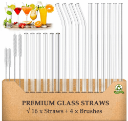 AOTWAN Glas Strohhalme Wiederverwendbar 20 Stück Glasstrohhalme, 6 Kurz + 6 Lange Geraden Glas-Strohhalme, 4 gebogenem Trinkhalme mit 4 Reinigungsbürsten für Cocktails, Smoothie und Säfte 20 Transparent Angebot bei HelloDeals