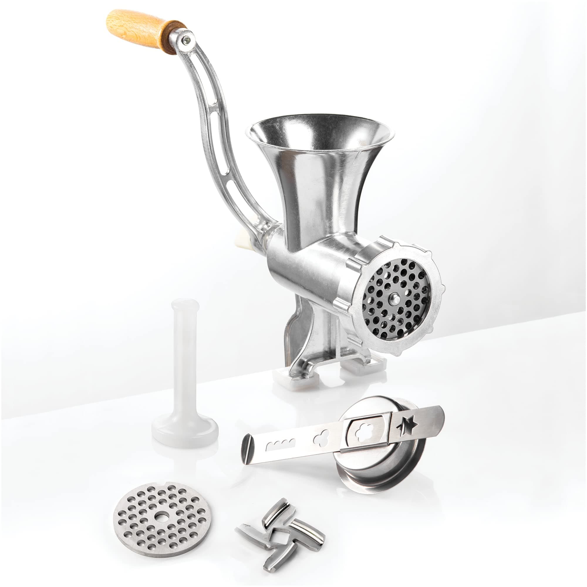GSW Fleischwolf Größe Nr. 8 – hochwertiger Fleischwolf mit Edelstahl-Messer und -lochscheibe, ideal für Fleisch und Gemüse, inkl. Gebäckvorsatz und Stößel – Aluminium, Silber Angebot bei HelloDeals