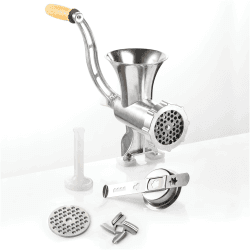 GSW Fleischwolf Größe Nr. 8 – hochwertiger Fleischwolf mit Edelstahl-Messer und -lochscheibe, ideal für Fleisch und Gemüse, inkl. Gebäckvorsatz und Stößel – Aluminium, Silber Angebot bei HelloDeals