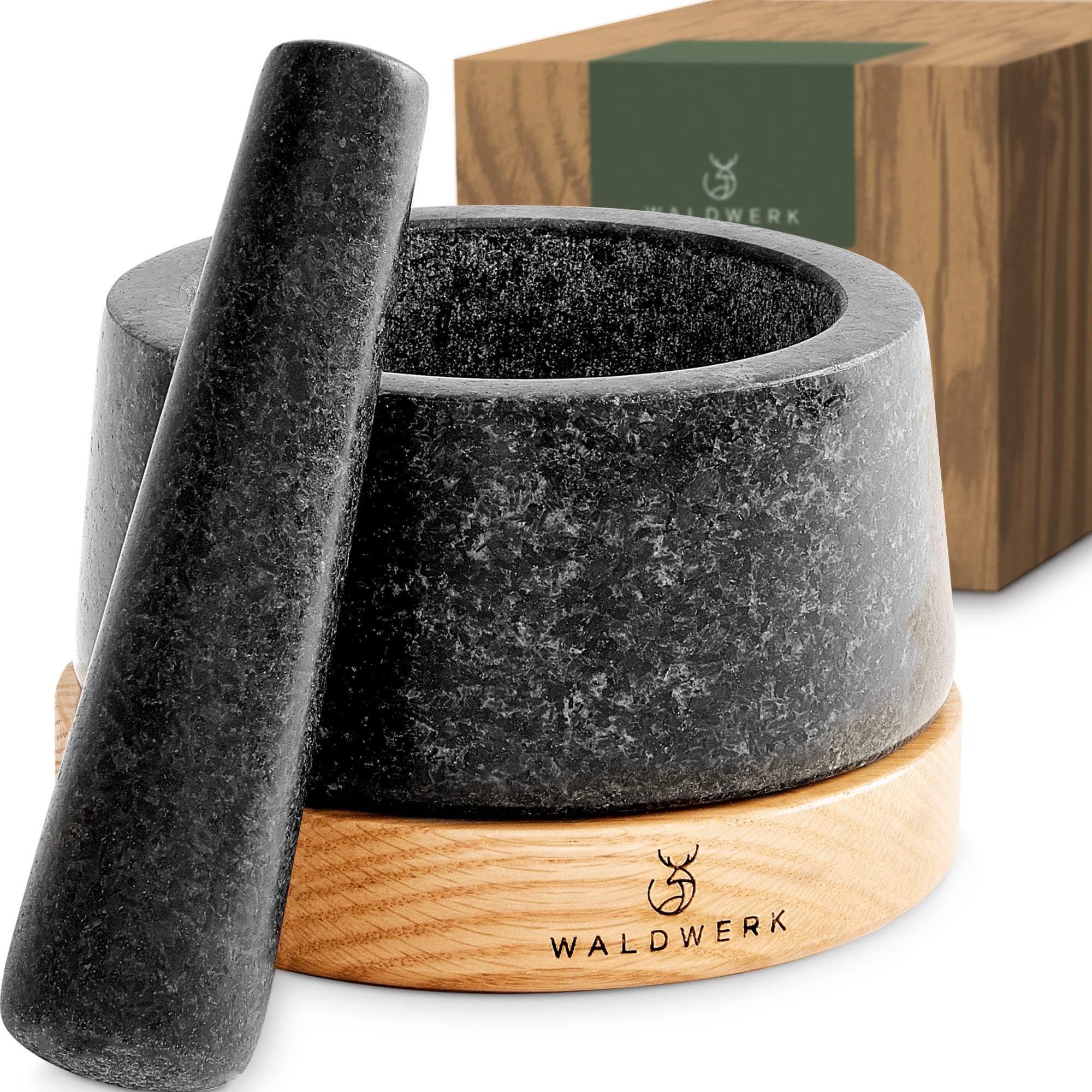 WALDWERK Mörser mit Stößel - Mörser auf edler und stabiler Eichenholzbasis - Mörser mit extra langem Stößel aus natürlichem Granit 14cm Angebot bei HelloDeals