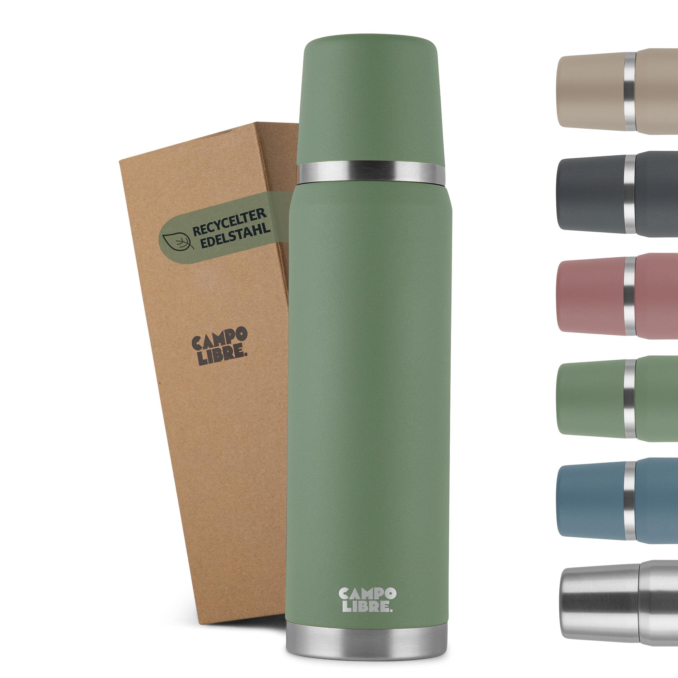 Campo Libre. Jaco® Thermoskanne 1L, 750ml, 500ml I Thermos mit Becher I Unsere Thermosflasche mind. 24h heiß I Isolierkanne mit Doppelwandisolierung ist zu 100% auslaufsicher & recycelter Edelstahl Moos Green 1000 ml Angebot bei HelloDeals