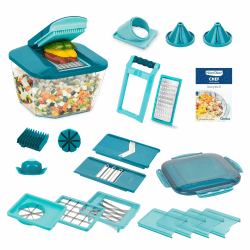 Nicer Dicer Chef Professional Gemüsescheider 23-tlg. Gemüsehobel manuell mit 5.2L großem Auffangbehälter Frischhaltedeckel, Spiraleinsätze, Tomatenschneider, Julienne, Salatschneider mit Rezeptbuch Angebot bei HelloDeals