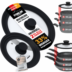 STONELINE 3 in 1 Universaldeckel Set 2-teilig für Töpfe Pfannen mit 16/18/20 cm und 24/26/28 Universal Glasdeckel mit abgestuftem Silikonrand Platinsilikon, Schwarz Schwarz 16-20 + 24-28 cm Angebot bei HelloDeals