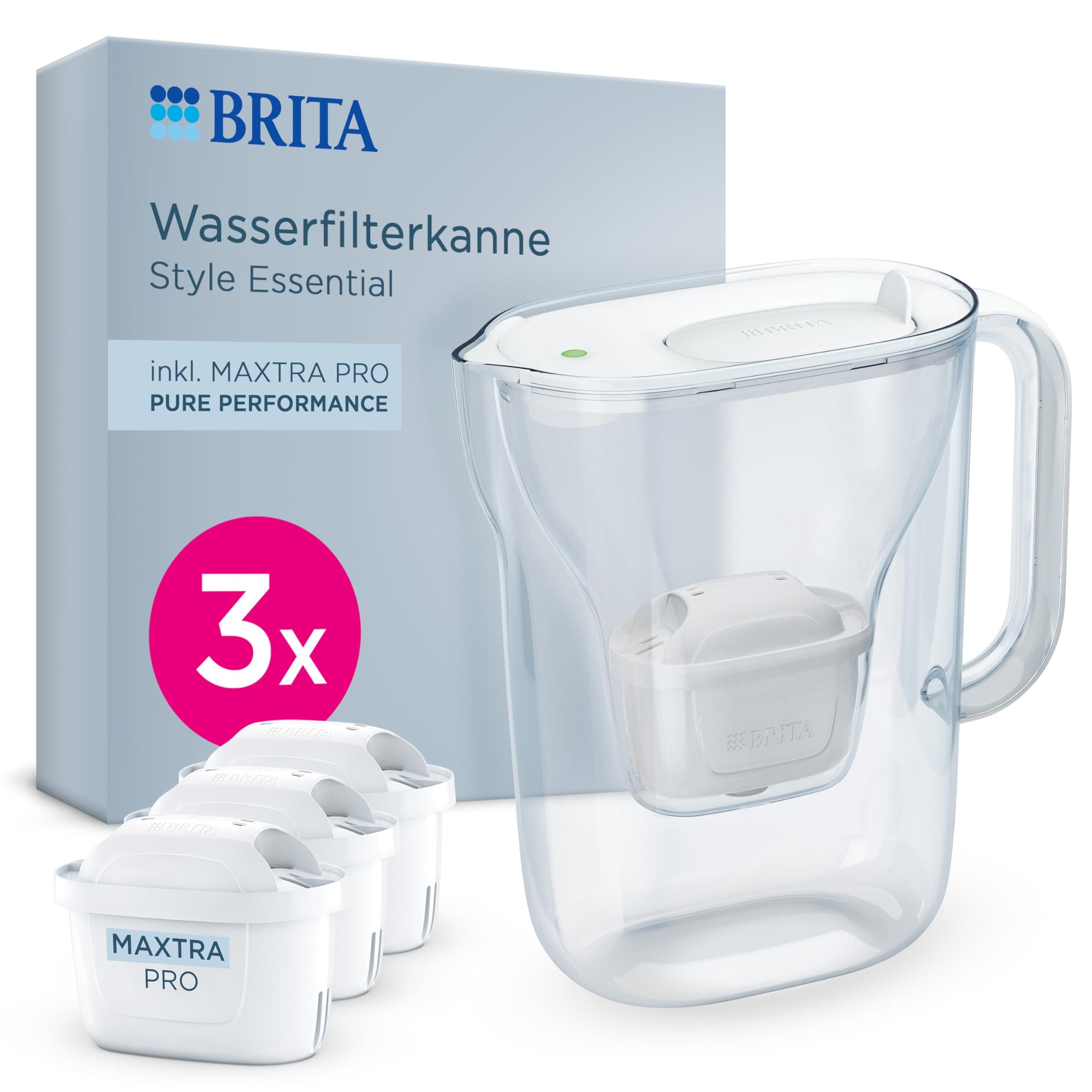 BRITA Wasserfilter Kanne Style Essential weiß (2,4l) inkl. 3x BRITA MAXTRA PRO Pure Performance – Kühlschrankgeeignete Kanne mit Smart Light LED & Klapp-Deckel, filtert Verunreinigungen & mehr Angebot bei HelloDeals
