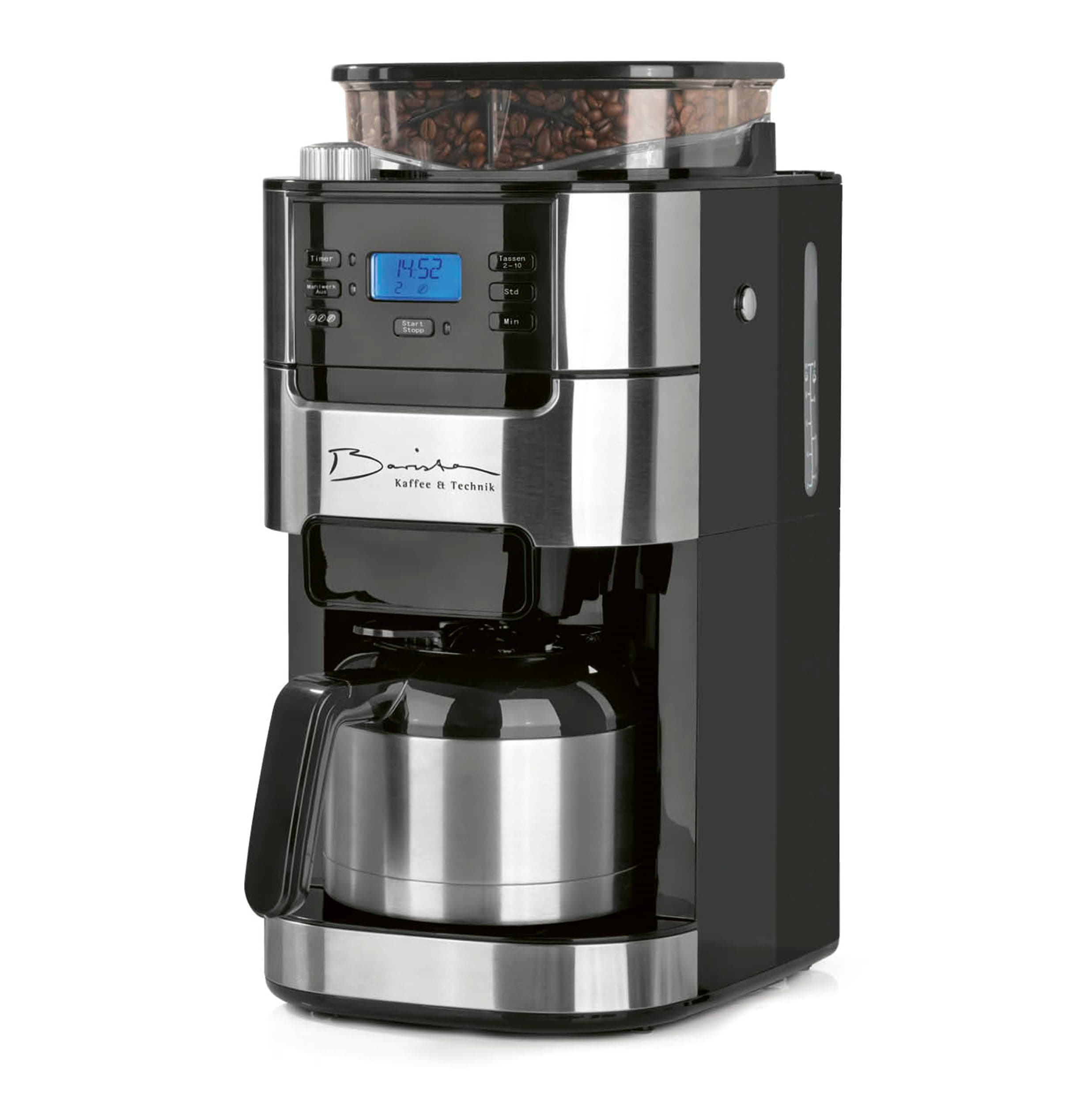 Barista Filterkaffeemaschine mit verstellbarem Mahlwerk & Thermokanne | Warmhaltefunktion, 24h Timer & Permanentfilter | Für 10 Tassen Kaffee | Kaffeemaschine für Bohnen & Pulver [Edelstahl] 5) Edelstahl - Thermokanne - mit Mahlwerk Angebot bei HelloDeals