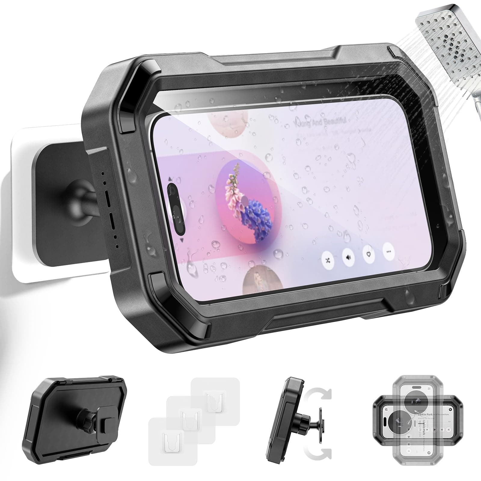 KDD wasserdichte Handyhalterung Dusche - 360° Drehbare & Abnehmbare Dusche Handyhülle, Handy Wandhalterung mit HD Touchscreen für Badezimmer Küche Handy Accessoires Passend für 4-6.7“ Telefone Angebot bei HelloDeals