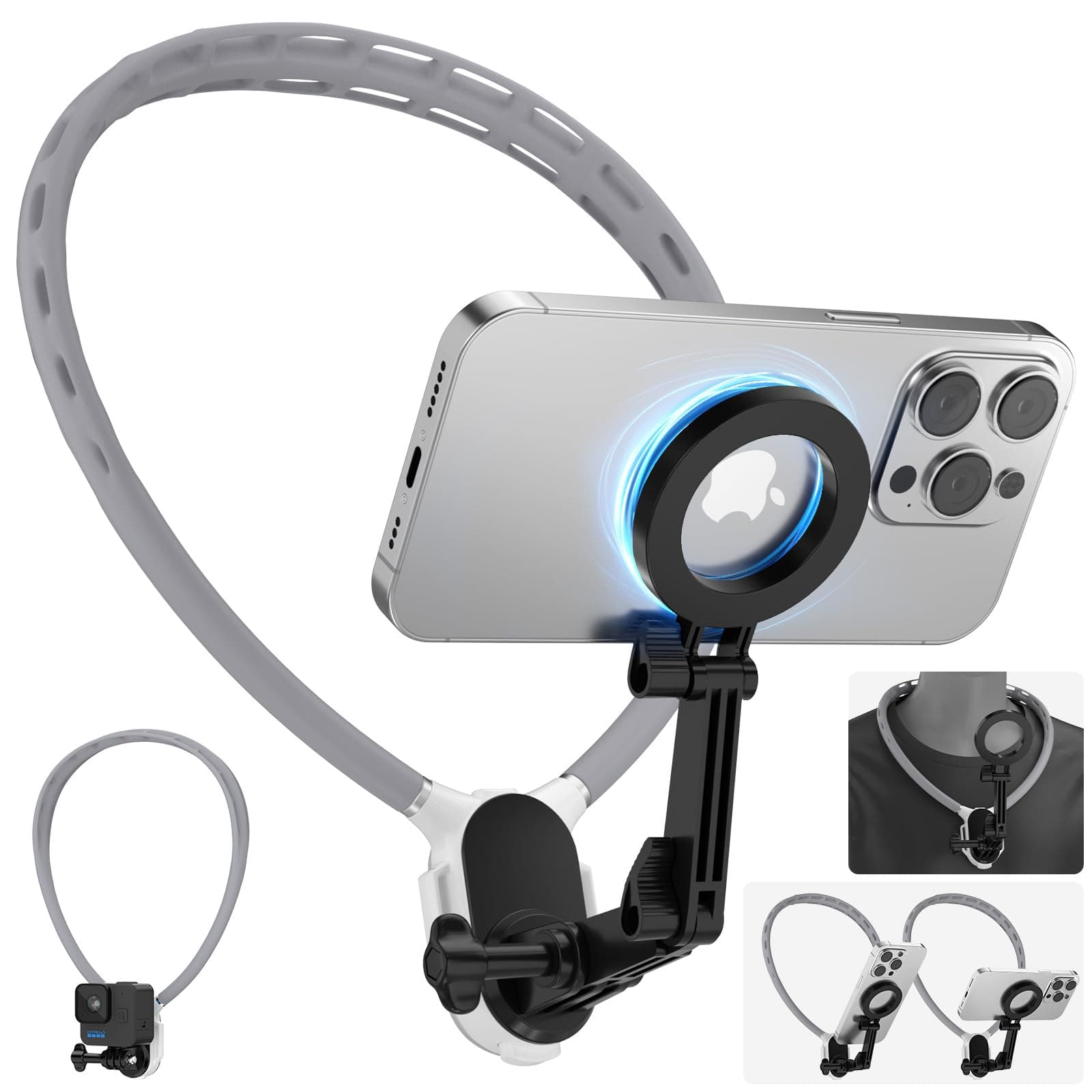 2 in 1 Magnetische Nackenhalterung für Telefone Kamera,POV/Vlog Selfie-Handyhalterung,360° Einstellung und Demontage Hals Telefon Halter für iPhone 16 15 14 Serie Android und Sportkameras (Grau) Angebot bei HelloDeals