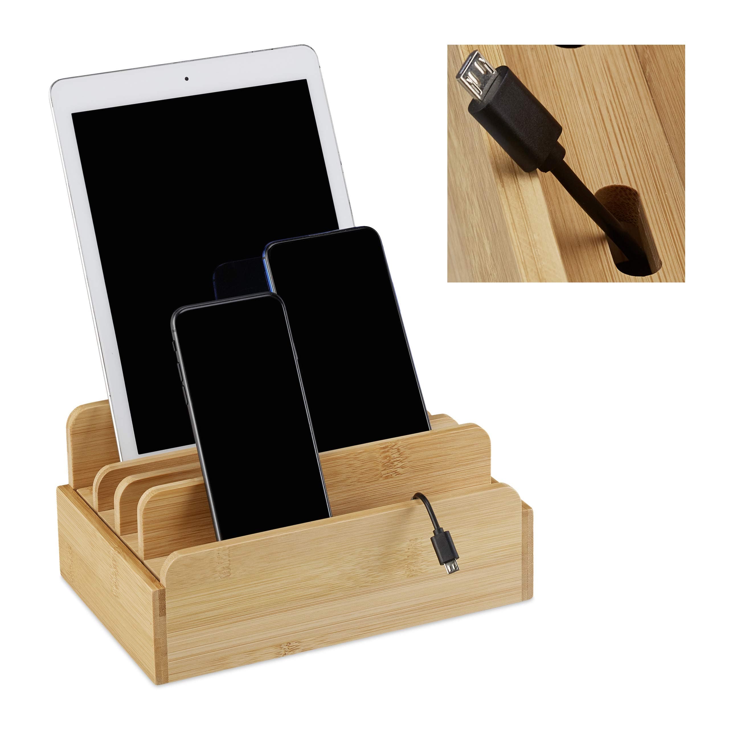Relaxdays Ladestation Bambus, für mehrere Geräte, Tablet & Smartphone, Kabelbox Organizer, HxBxT: 10 x 22,5 x 15, natur Angebot bei HelloDeals