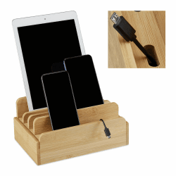 Relaxdays Ladestation Bambus, für mehrere Geräte, Tablet & Smartphone, Kabelbox Organizer, HxBxT: 10 x 22,5 x 15, natur Angebot bei HelloDeals