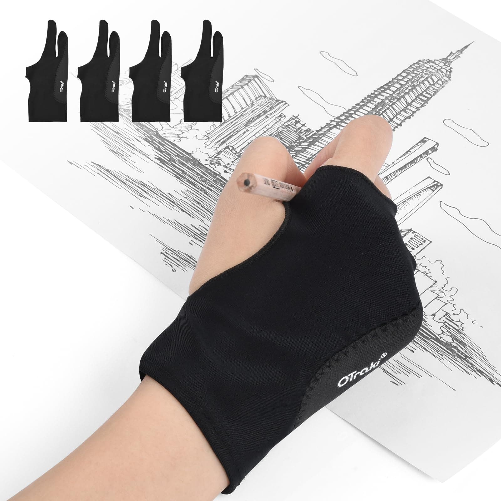 OTraki 4 Stück Zeichnen Künstler Handschuh, Artist Antifouling Gloves, Antifouling Zeichenhandschuh, Atmungsaktiv Elastisch Digitale Finger Sleeves für Linke und Rechte Hand Graphics Tablet Angebot bei HelloDeals