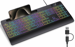 seenda KOE200 Kabelgebundene Tastatur beleuchtet, ergonomische Tastatur mit Handyhalter und Handballenauflage für PC/Tablet/Smarthandy/Windows/Mac, USB & Typ C Kabel, leise Klicken - QWERTZ Layout Angebot bei HelloDeals