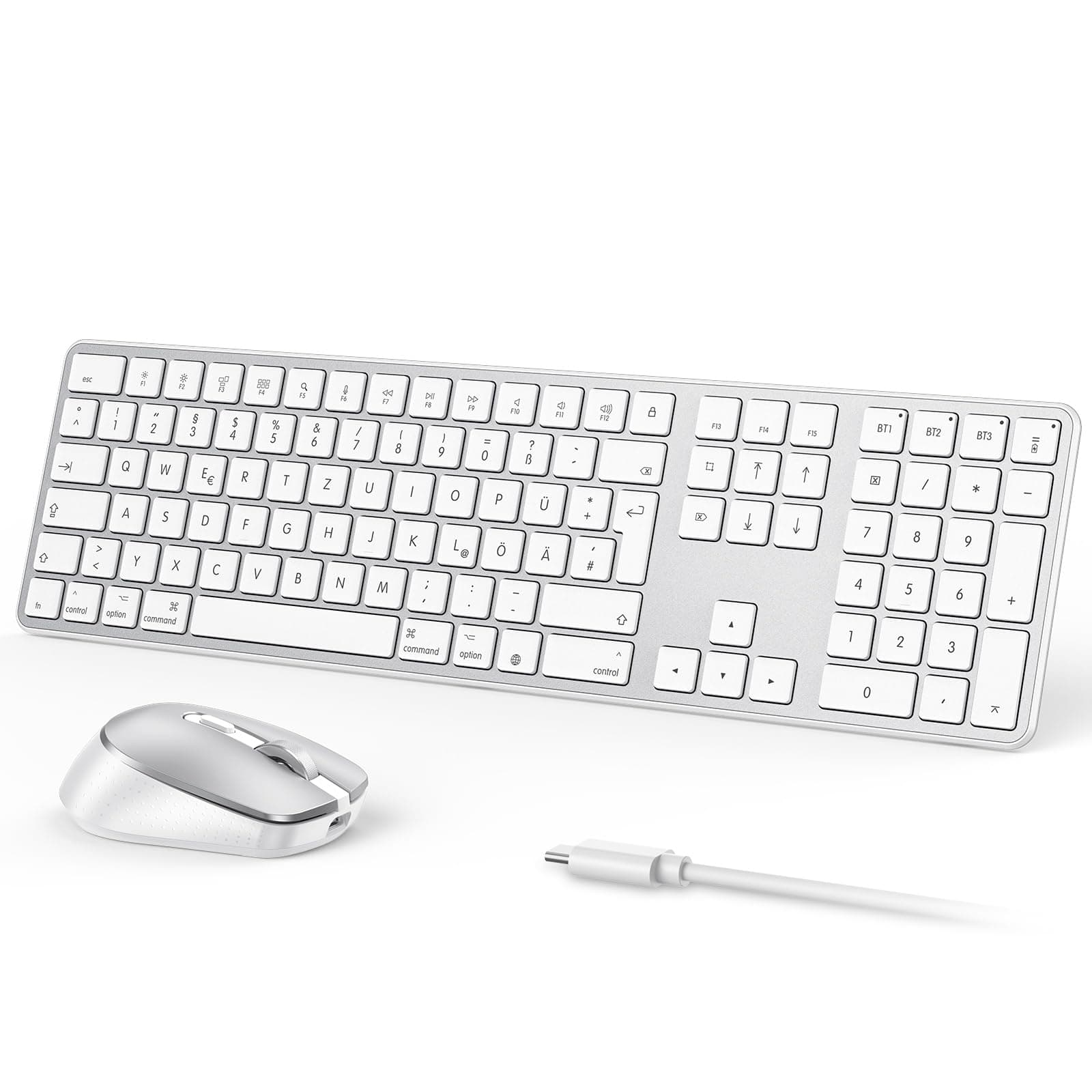 OMOTON Mac Tastatur Maus Set Kabellose für MacBook Air/Pro/iMac/iMac Pro/Mac mini, Bluetooth Funktastatur QWERTZ mit Maus Wiederaufladbar, Multi-Gerät, Ergonomisch, Leises Tippen, DE Layout DE-Silber Angebot bei HelloDeals