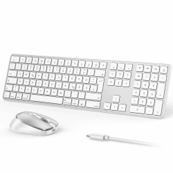 OMOTON Mac Tastatur Maus Set Kabellose für MacBook Air/Pro/iMac/iMac Pro/Mac mini, Bluetooth Funktastatur QWERTZ mit Maus Wiederaufladbar, Multi-Gerät, Ergonomisch, Leises Tippen, DE Layout DE-Silber Angebot bei HelloDeals