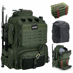 Goture Angelrucksack mit 4 Köderbox Angeln, 45-Liter Angelzubehör-Rucksack mit Zwei Rutenhaltern und Regenschutz, 900D Oxford-Gewebe Wasserabweisende Angelgerätetasche mit verstellbarem Fach Armeegrün mit 4 Angelbox (mit Tragegriff) Angebot bei HelloDeals