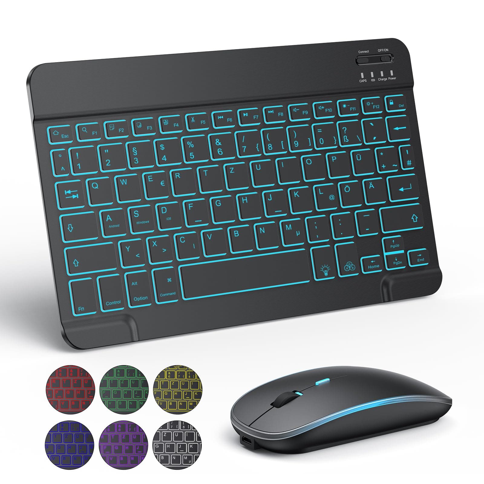 TECURS Kabellos Tastatur Maus Set QWERTZ Bluetooth Tastatur mit Maus für iPad Pro/Air/Mini/iPad 9./8.Gen, 7-farbige Hintergrundbeleuchtung, Schwarz Deutsches Tastatur (QWERTZ) blacks Angebot bei HelloDeals