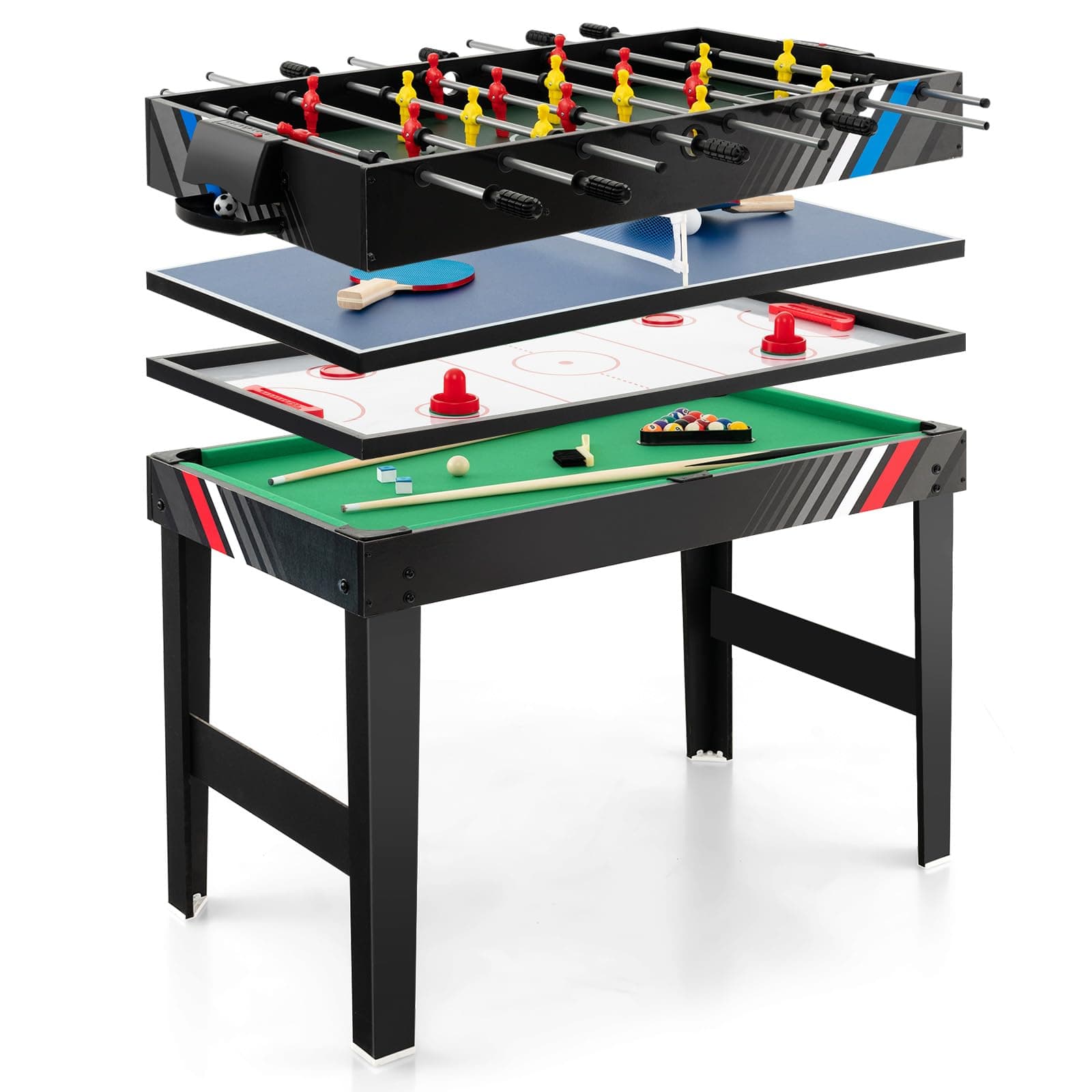COSTWAY Multi Spieltisch, 4-in-1 Tischkicker mit Billard, Airhockey, Tischtennis, multifunktionstisch Tischfußball Zubehör, für Heimspielzimmer, Partybars Angebot bei HelloDeals
