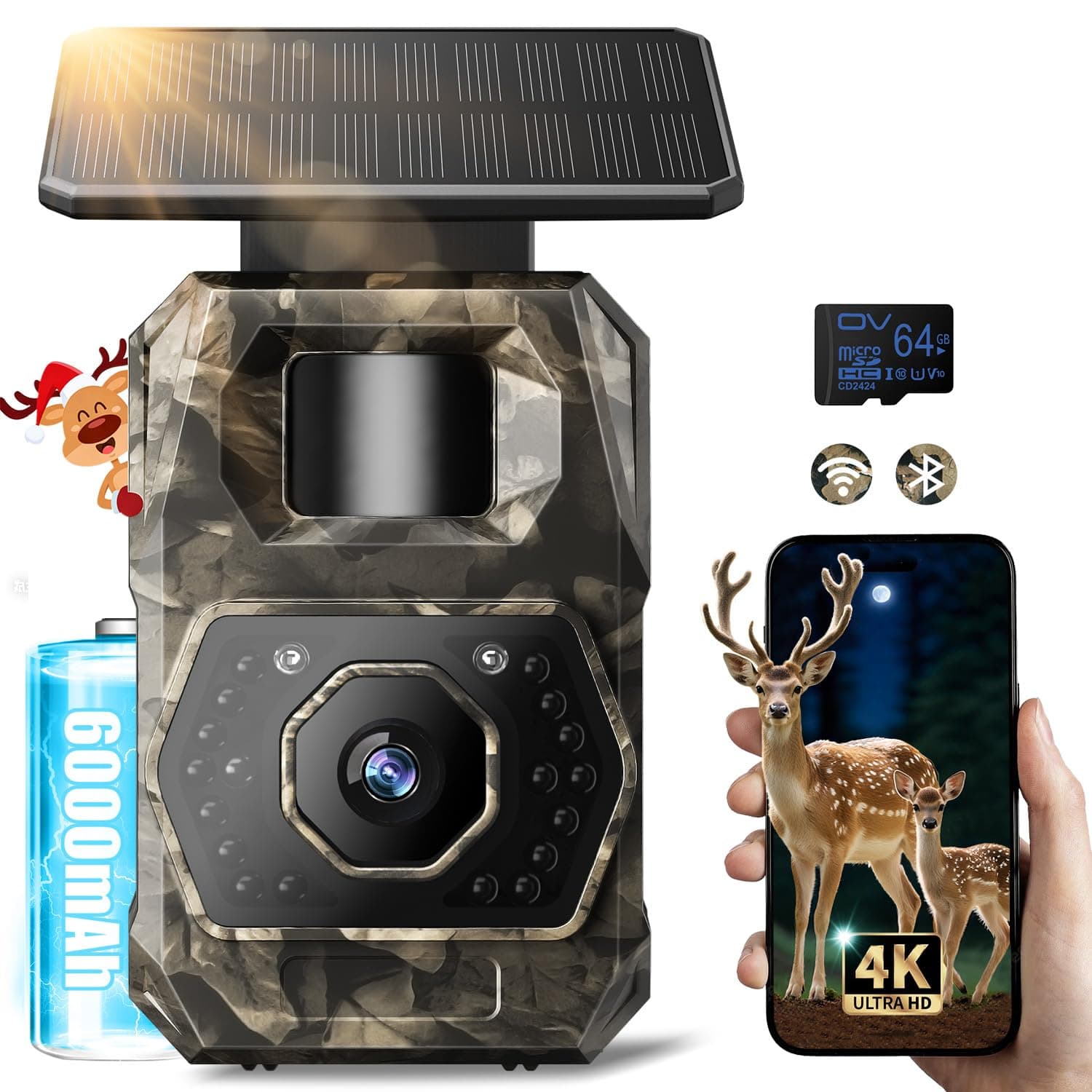 MAXDONE Wildkamera mit Handyübertragung App - Wildtierkamera 4K 64MP WLAN Solar Wildkamera mit 6000mAh Akku & Bewegungsmelder Nachtsicht, 0,1s Auslösezeit, Inklusive 64GB SD Karte, IP66 Wasserdicht Angebot bei HelloDeals
