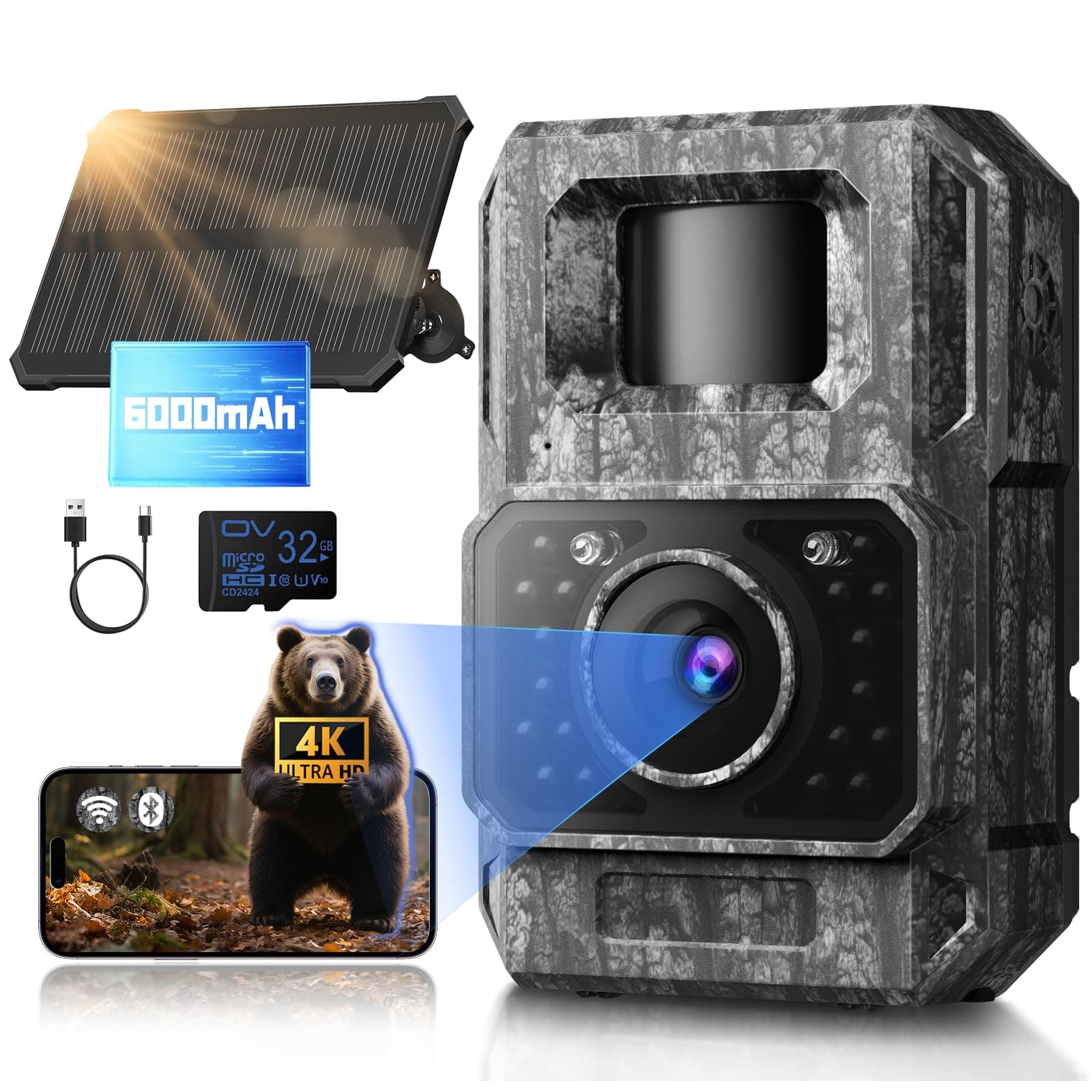 MAXDONE Wildkamera Solar WLAN mit Handyübertragung App - 4K 64MP Wildtierkamera Bluetooth mit Bewegungsmelder Nachtsicht 6000mAh Lithium-Batterie, 32GB SD-Karte, Nachtsichtkamera IP66 Angebot bei HelloDeals