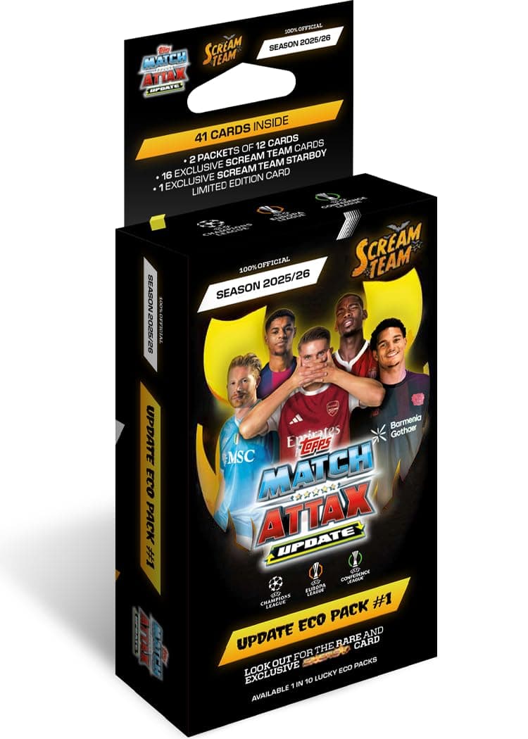 Topps UCC Match Attax 2025/26 - Update Eco Pack #1 - Scream Team - enthält 41 Karten, darunter 16 Exklusive Scream Team-Karten und einen Starboy LE. Angebot bei HelloDeals