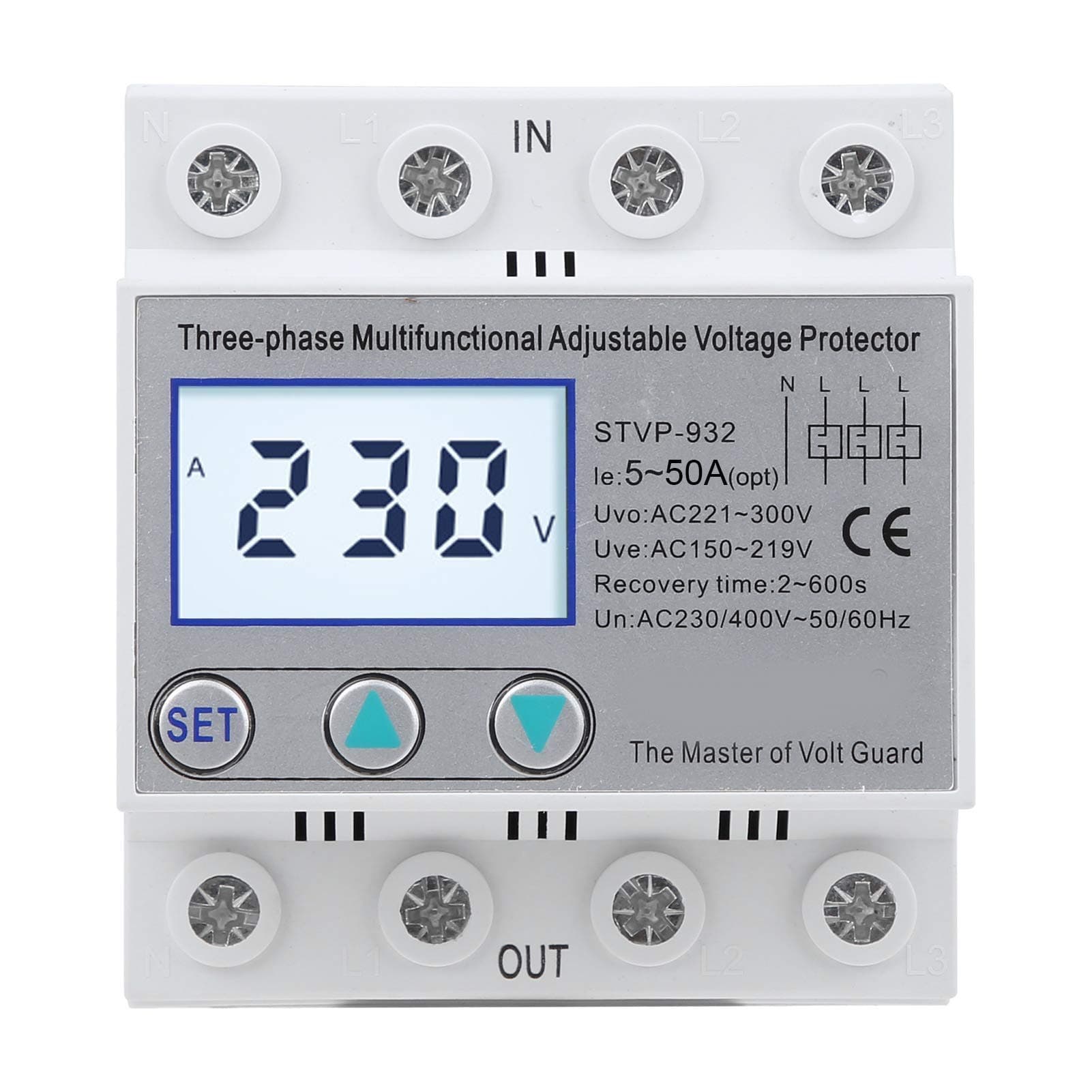 Einstellbarer Spannungsschutz Überspannungsschutz 3 Phasen 4 Draht LCD Multifunktions Self 8209 Rückstellspannungsschutzgerät STVP-932 230V / 400VAC(50A) Angebot bei HelloDeals