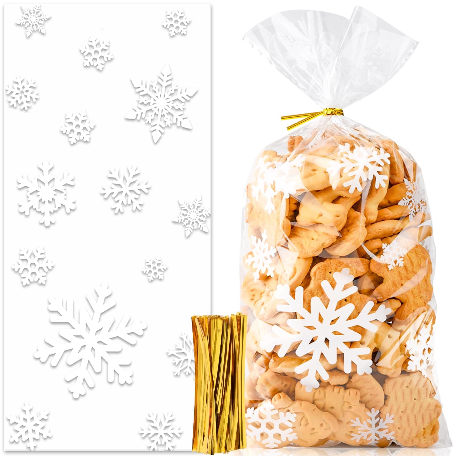 Plätzchentüten, 100 Stück Kekstüten Weihnachten, Schneeflocke Geschenktüten, Süßigkeiten, Weihnachtstüten zum Befüllen, Cellophantüten Mit Twist Krawatten Weiß, Klar, Gold