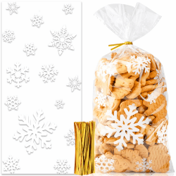Plätzchentüten, 100 Stück Kekstüten Weihnachten, Schneeflocke Geschenktüten, Süßigkeiten, Weihnachtstüten zum Befüllen, Cellophantüten Mit Twist Krawatten Weiß, Klar, Gold Angebot bei HelloDeals